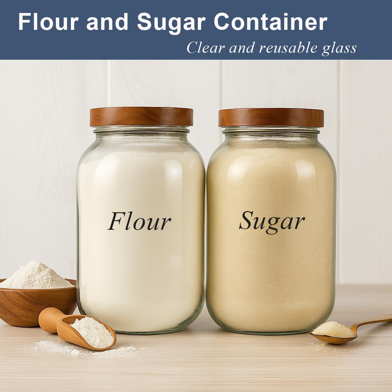 2 Pack Glass Flour Sugar Storage Containers with Acacia Wooden Lid, 1 Gallon Glass Jars with Airtight Lid, Wide Mouth Large Mason Jars 128oz for Rice, Pasta, Oats, Coffee Storage - Image 2