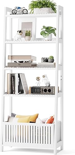 Miniatura 7 de Bamjoy Estantería blanca de bambú con cesta de listones, estantería de escalera con 4 estantes de exhibición y 1 cesta de almacenamiento abierta,