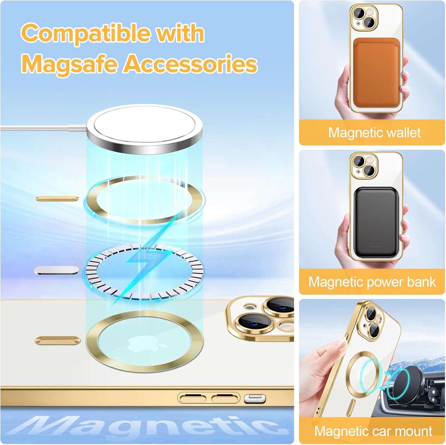 Hython Magnetic Clear for iPhone 14 Case with Camera Lens Protector [Compatible with MagSafe] Luxury Plating Edge Slim Soft TPU Cover Protective Phone Case for iPhone 14 6.1", Gold - Image 3
