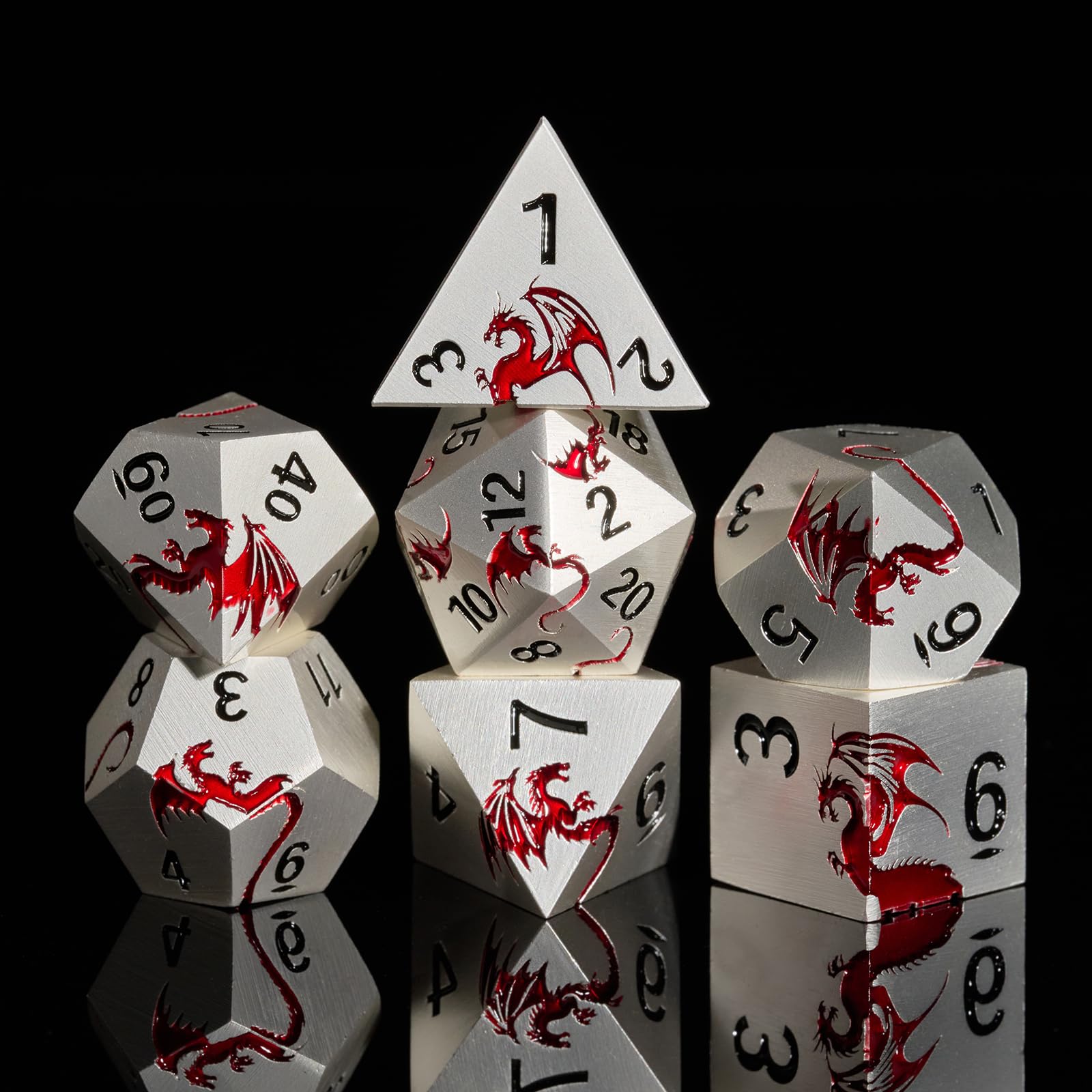 HNCCESG Matte Silver Red Dragon Metal Dice Set,7 PCS Heavy Zinc Alloy DND Dice with Magnetic Gift Box for Tabletop RPG & D&D Games (Silver Red Dragon)