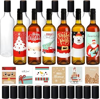 Maxcheck 44 Pcs 25 oz Christmas Plastic Wine Bottles Set with Shrink Capsules Label Stickers Airtight 750ml Empty Clear Liquor Bottles with Lid Brewing Wine Making Homemade Xmas Gift(Clear,Cute)