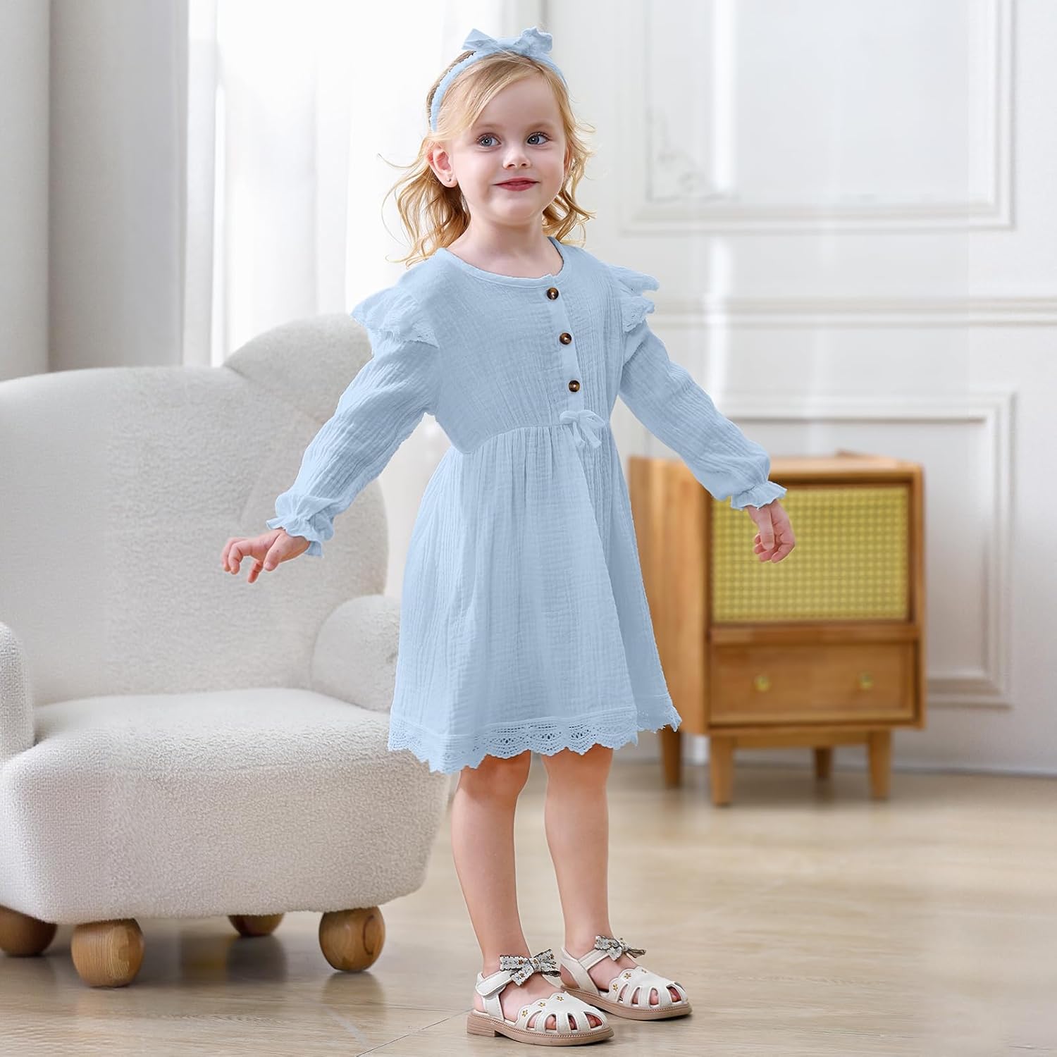 Sinhoon Toddler Fall Dress Baby Girl Dress Ruffle Long Sleeve Toddler Girl Dress Smocked Baby Fall Dresses with Bow Headband - Image 6