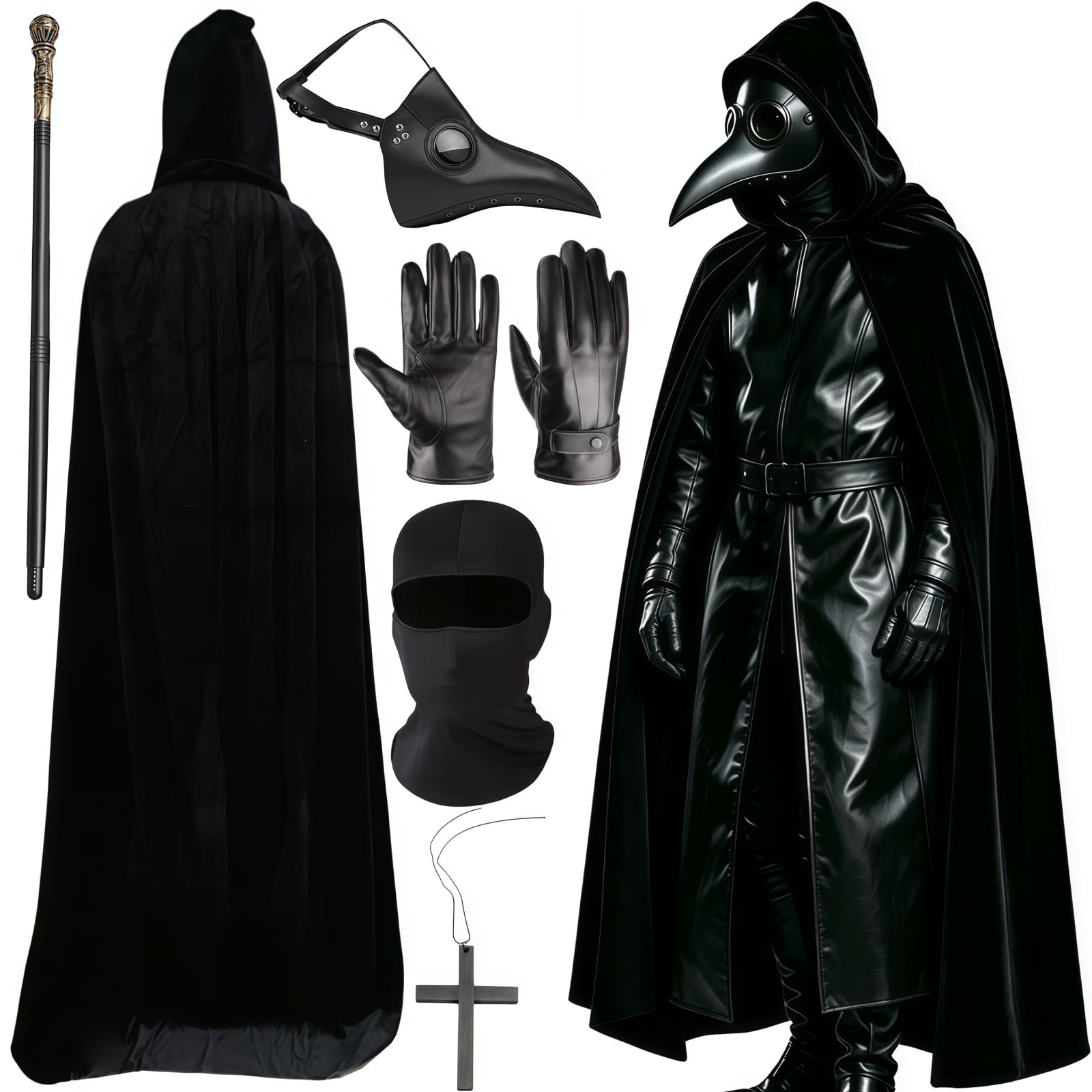 Buyzzus Halloween Plague Doctor Costume Set 6Pcs Adult Black Hooded Cape Bird Mouth Mask Gloves Cross Necklace Plague Doctor Fancy Dress Outfit Adult for Halloween Cosplay Party