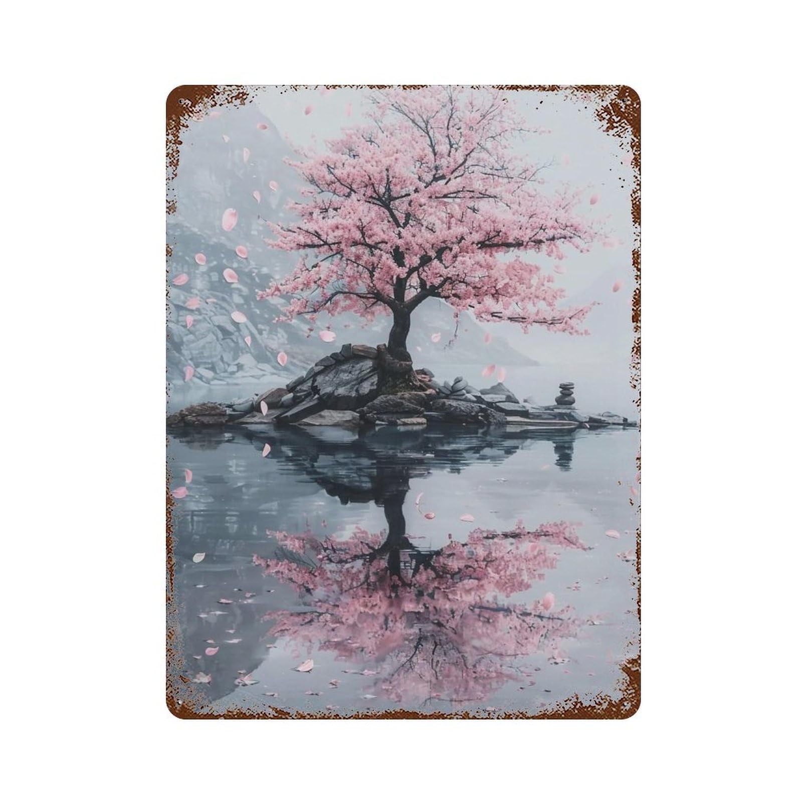 HDURYEYRYY Sakura Tree on Misty Lake Island 04 Wall Retro Iron Vintage Art Metal Tin Sign Poster Modern Home Cofffee Club Art Bar Shop Decor Style 40x30cm