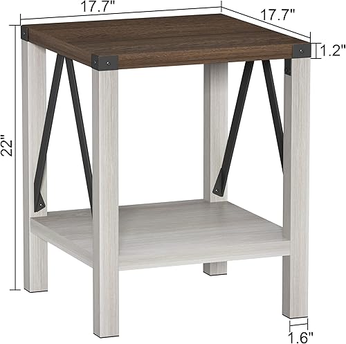 Miniatura 3 de Treocho Juego de 2 mesas auxiliares rústicas vintage con estante para sala de estar, dormitorio, blanco antiguo y marrón