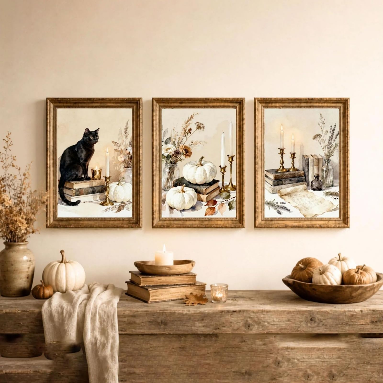 ZBELLO Set of 3 Vintage Autumn Wall Art Prints, Black Cat White Pumpkin Candle Still Life Poster, Dark Academia Fall Halloween Unframed Canvas Art for Living Room Bedroom Decor (30x40cm,cat)