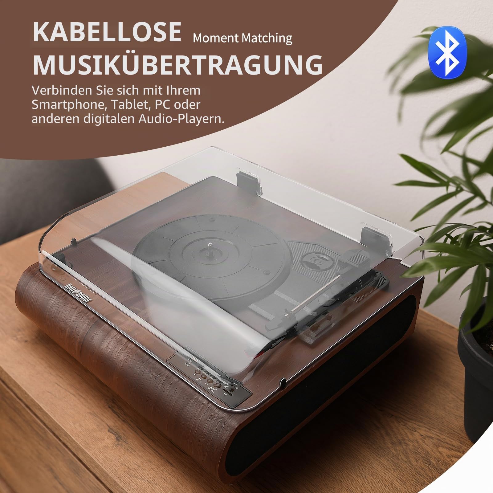 Plattenspieler, 3-Gang-Bluetooth-Plattenspieler mit eingebauten Lautsprechern, FM-Radio, Vinyl-MP3-Codierung, USB- & SD-Wiedergabe, LED-Bildschirm, Holz-Retro-LP-Player