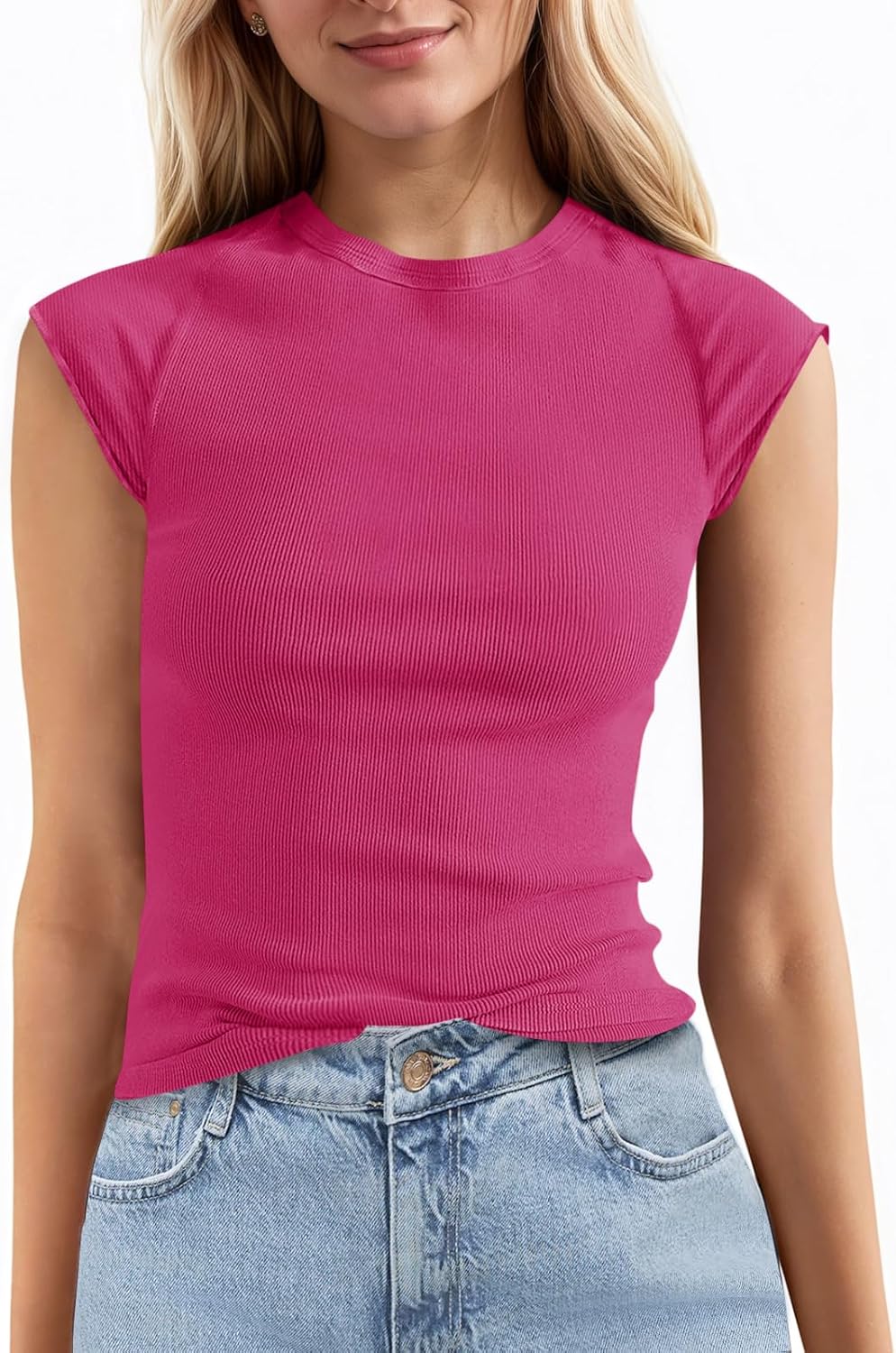 Tankaneo Womens Cap Sleeve Tops Crew Neck Ribbed Knit T Shirt Summer Casual Slim Fit Basic Tees Tshirt