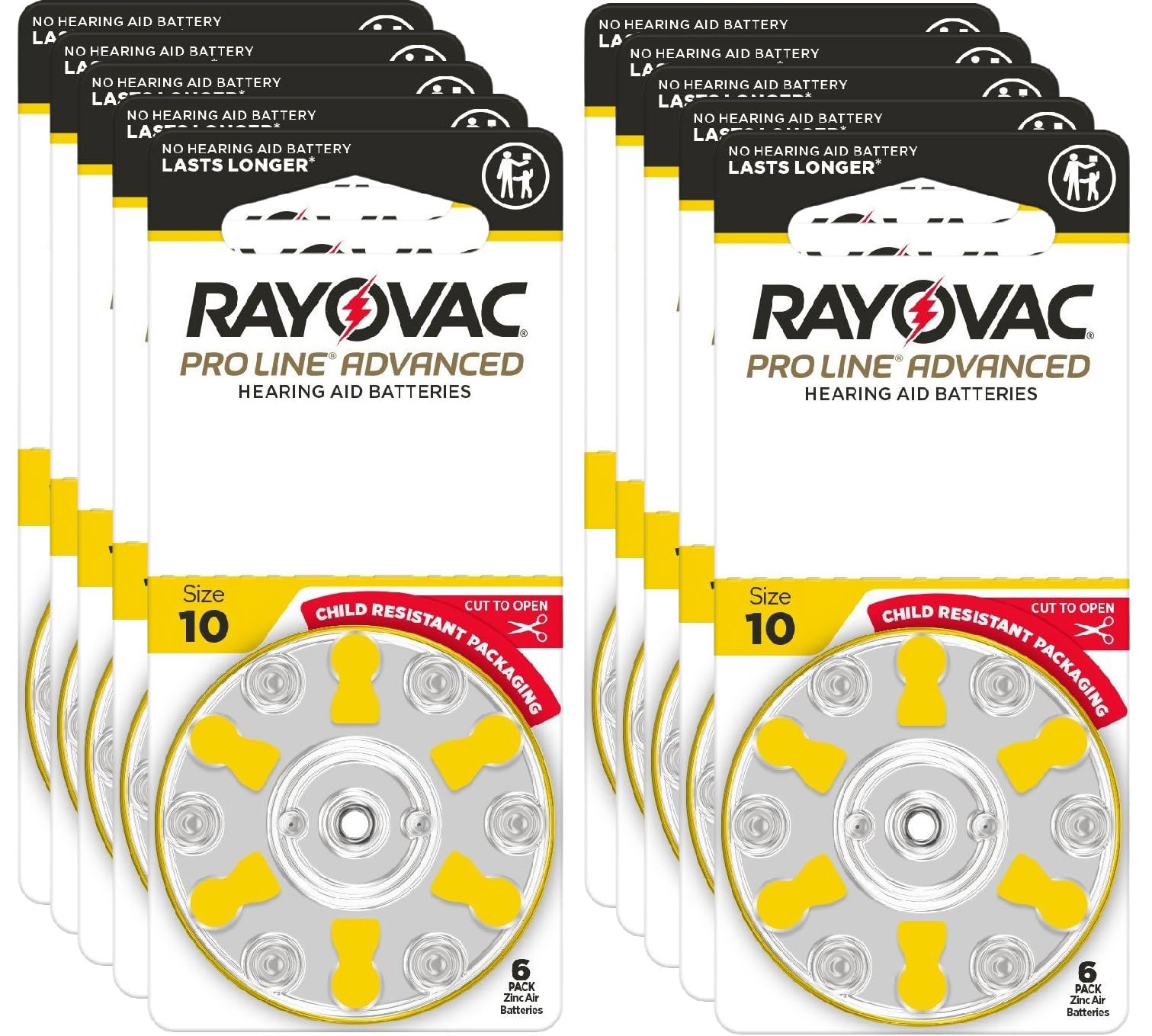 Proline Advanced Hearing Aid Batteries | Size 10 | World's Longest Lasting Battery | Child-Resistant Packaging (60) by Rayovac – 10, Yellow, Pack of 60