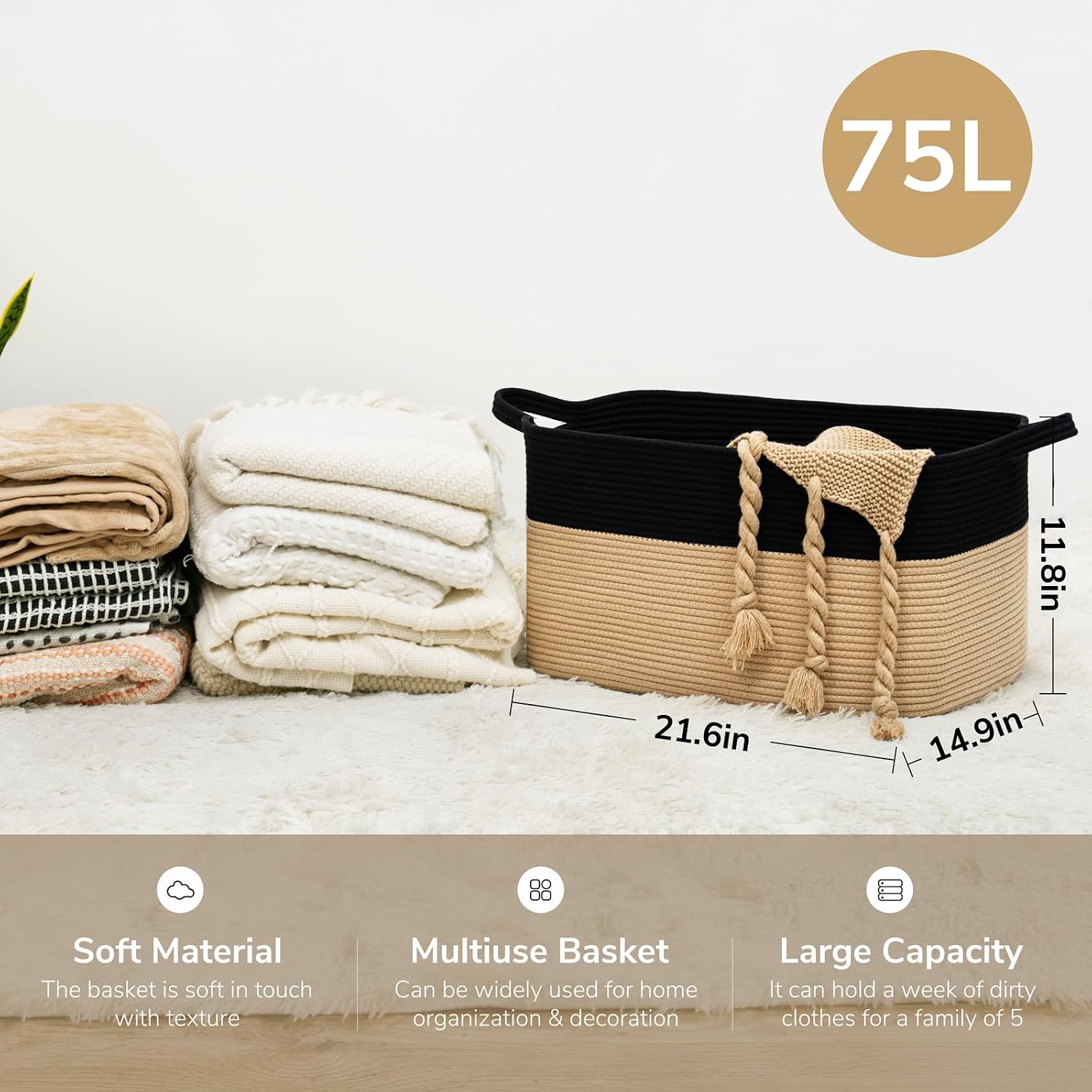 Goodpick Large Woven Storage Basket, 21.6" x 14.9" x 11.8" Rectangle Cotton Rope Laundry Basket with Handles, Baby Toy Blanket Storage for Living Room, Bedroom