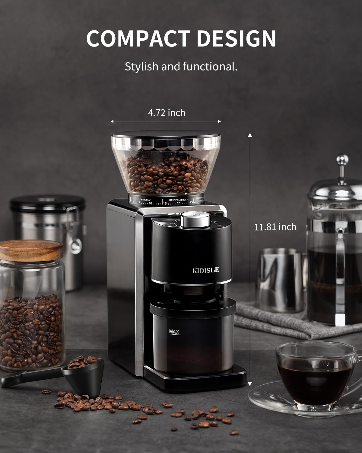 KIDISLE Molinillo de café cónico, molinillo eléctrico de frijoles de café para molienda precisa, 35 ajustes, selector de 2 a 12 tazas, diseño antiestático para uso doméstico, negro