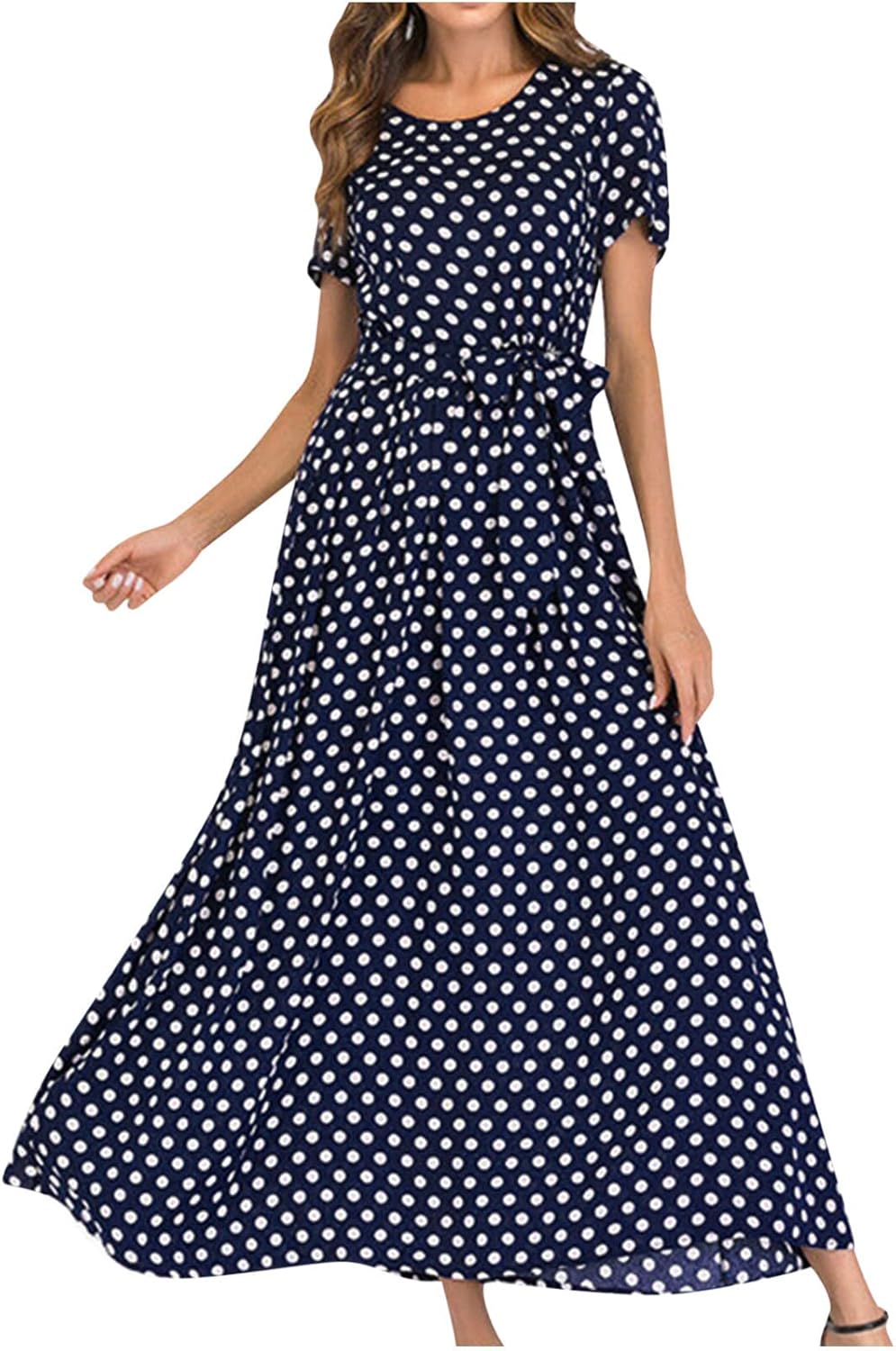 Maxi Dress for Women Boho Summer Polka Dot Print Casual Short Sleeve Long Dresses Flowy Swing Beach Sundress