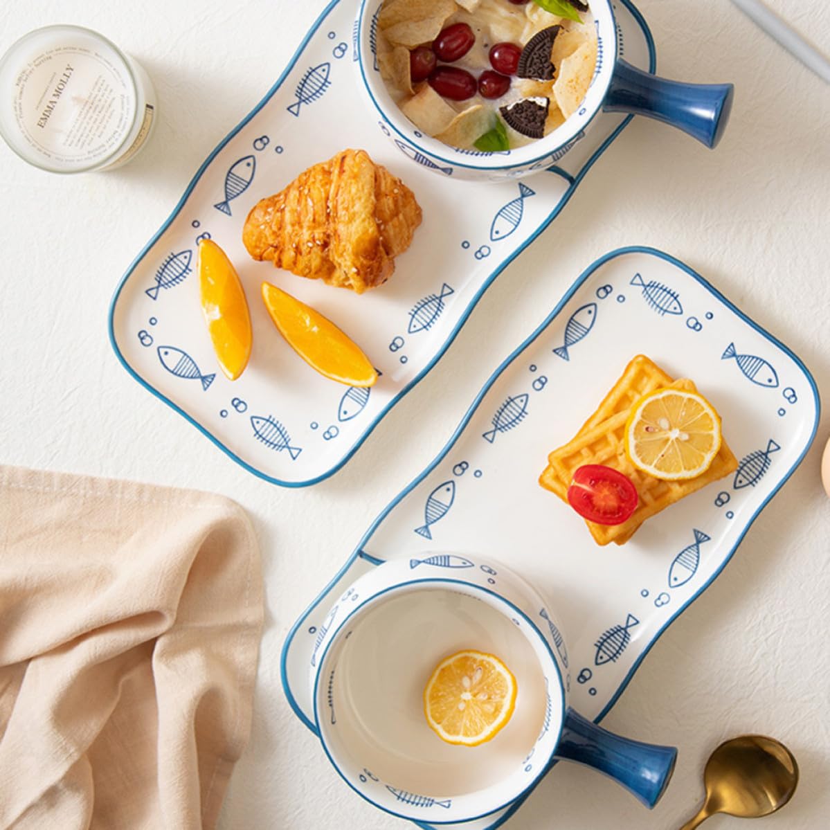 Zerodeko Plato Patrón de Peces Rectangular Blanco de Cerámica para Desayuno