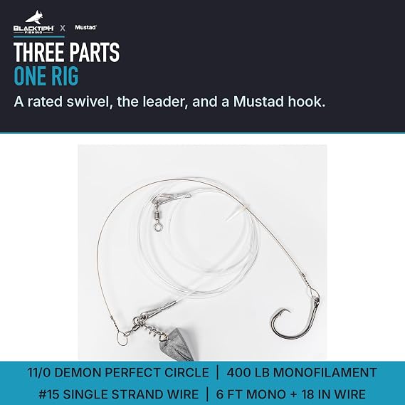 Mustad BlacktipH Shark Pre-Tied Rig 11/0 Demon 400lb #15 Wire Saltwater
