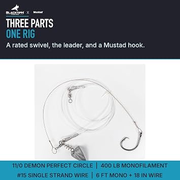 Mustad BlacktipH Shark Pre-Tied Rig 11/0 Demon 400lb #15 Wire Saltwater
