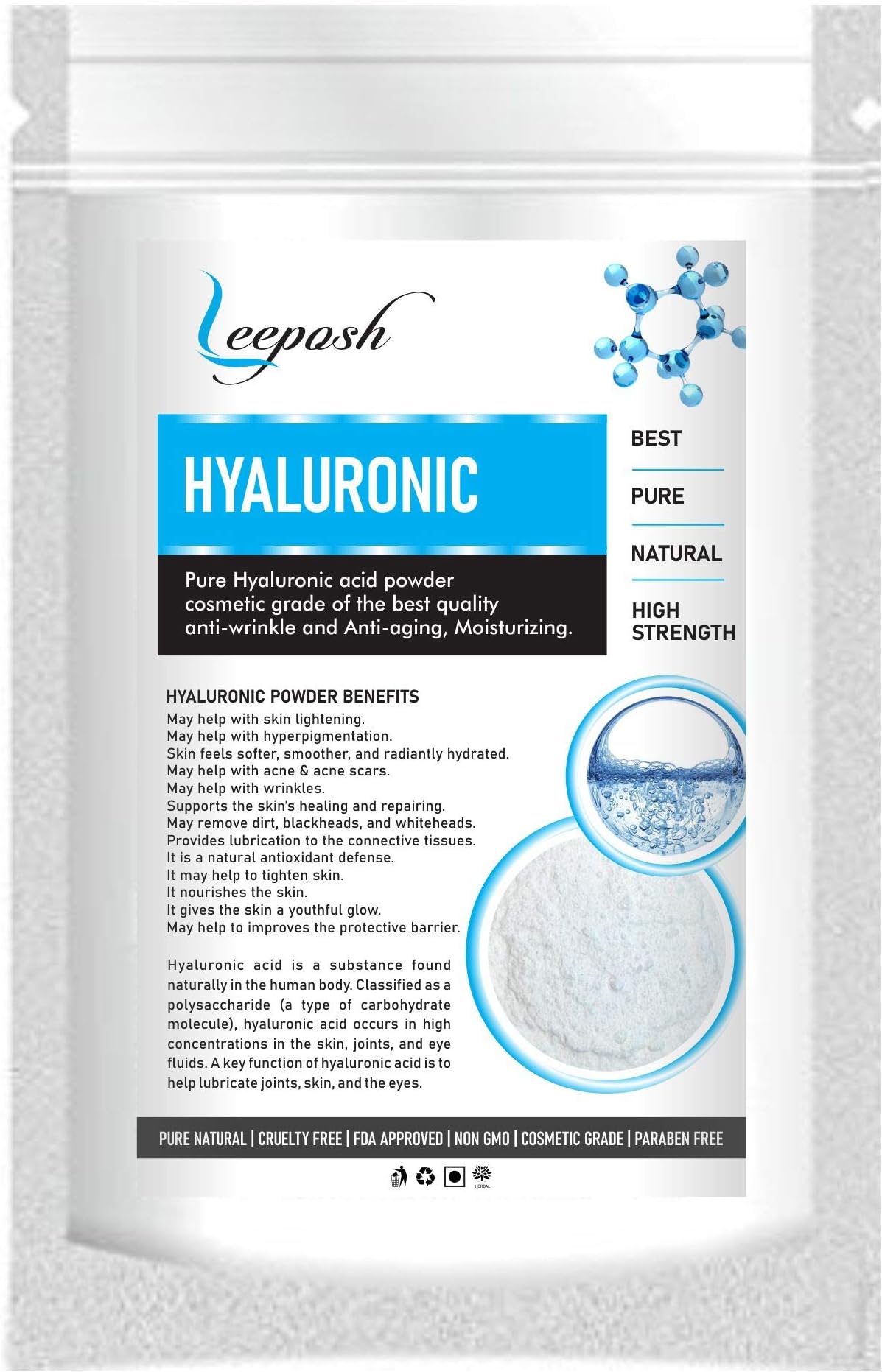 Pure Hyaluronic Acid Powder | Ultra Low Molecular Weight | Cosmetic Grade, Water-Soluble for DIY Skincare | Make your own Hydrating & Brightening Serums, Creams, Gels and Moisturizers | 20GM
