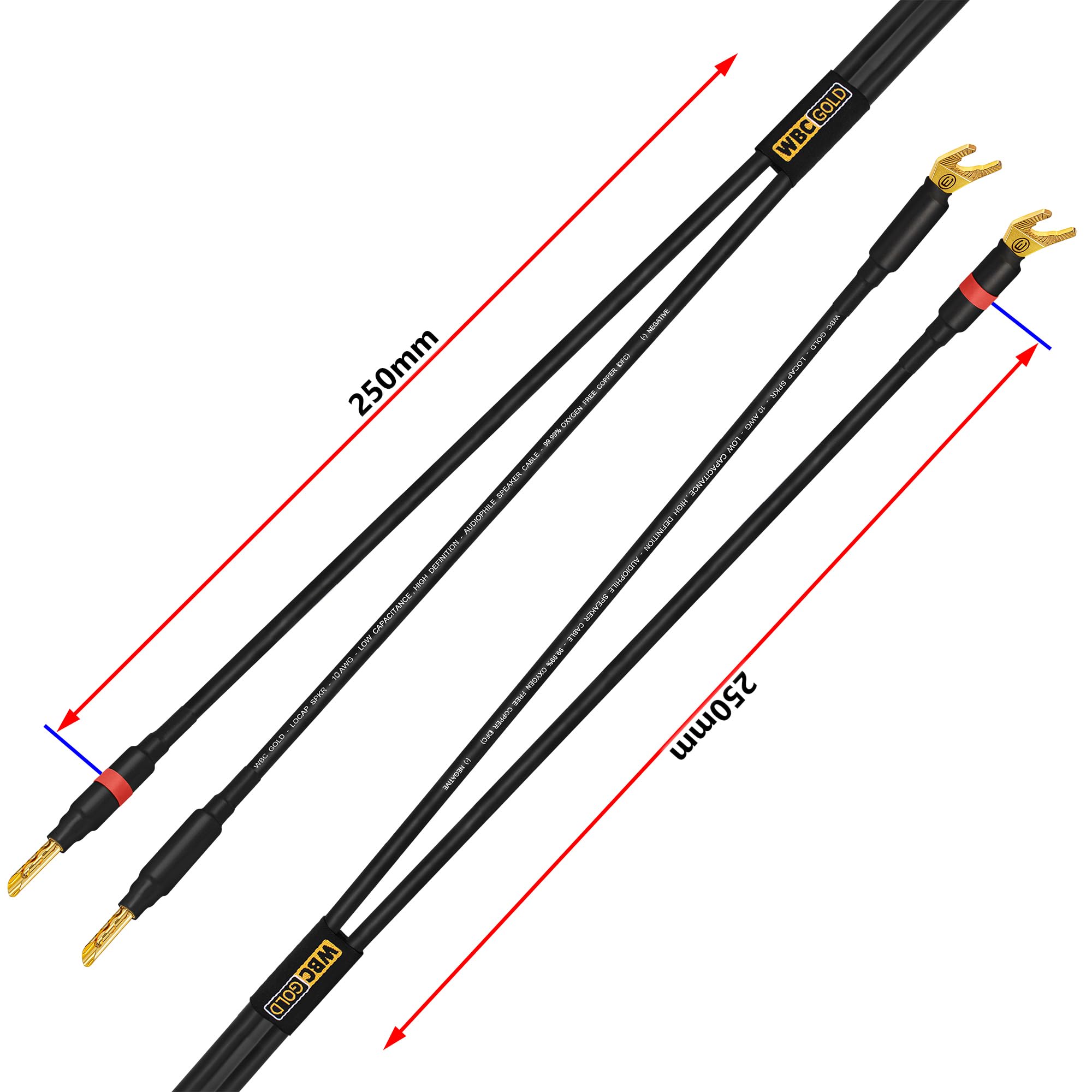 WORLDS BEST CABLES Coppia di cavi per altoparlanti HiFi audiophile con connettori Eminence Gold Banana (x2) e Spade (x2) e Spade (x2)
