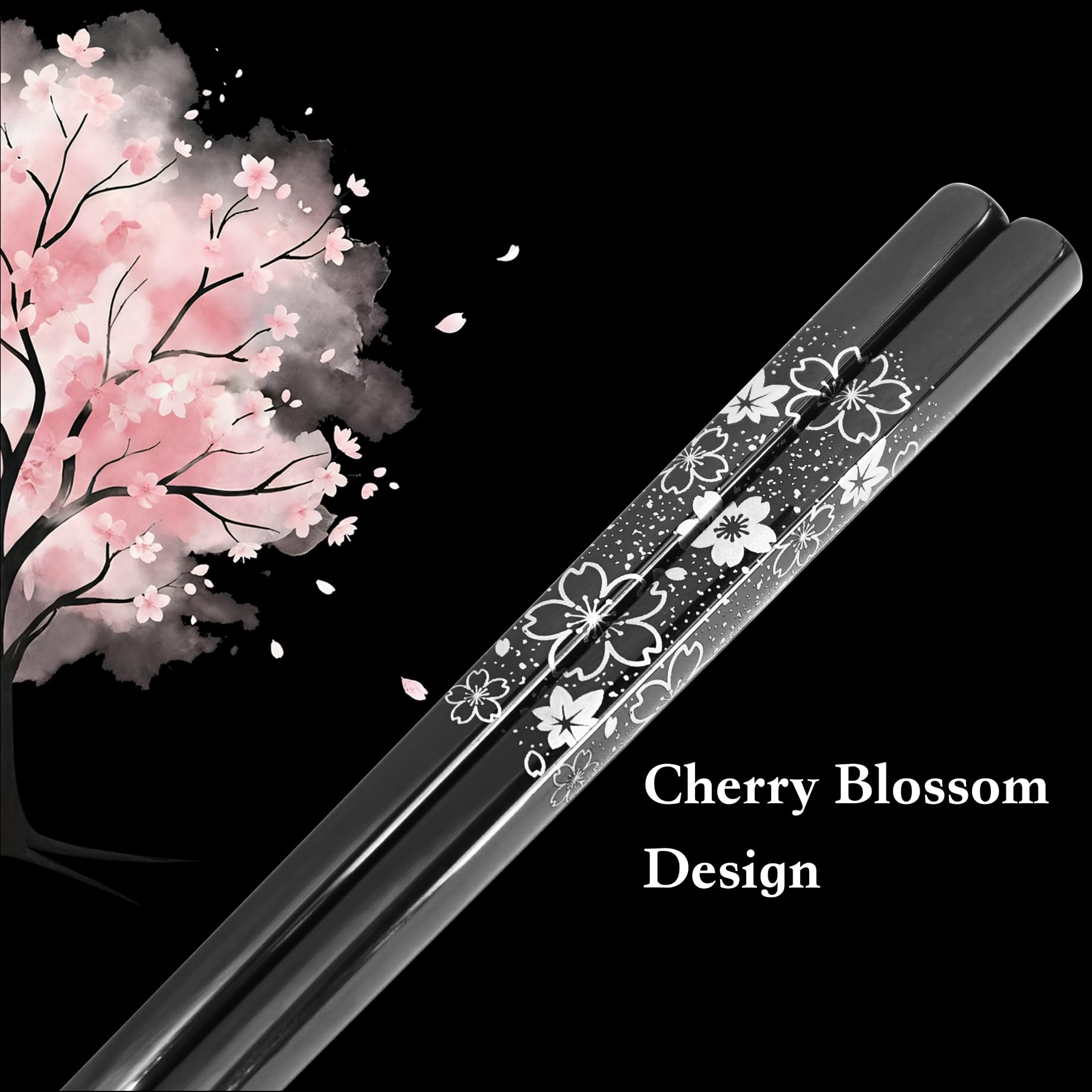 TIAKO Set di 5 paia di bacchette in fiore di ciliegio nero, acciaio inossidabile 18/8 di alta qualità, elegante confezione regalo, design giapponese Sakura per sushi, sala da pranzo asiatica e