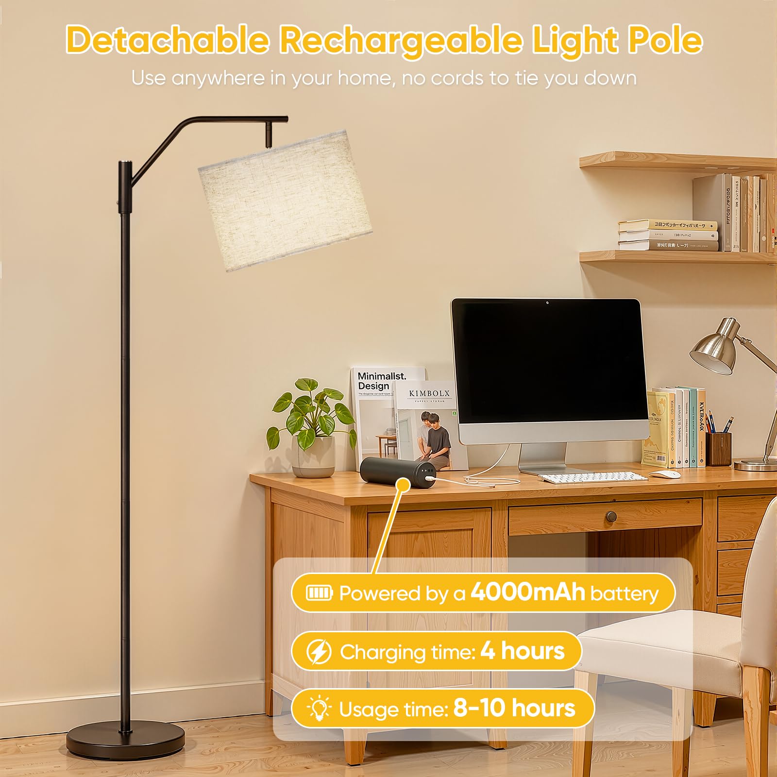 TaoFiaCo 168CM Akku LED Stehlampe Wohnzimmer mit Fernbedienung Beige - Moderne Bogenlampe 3 Farbtemperaturen Dimmbar Drehbar - Standleuchte für Schlafzimmer Büro - Stehleuchte Inklusive LED Glühbirne