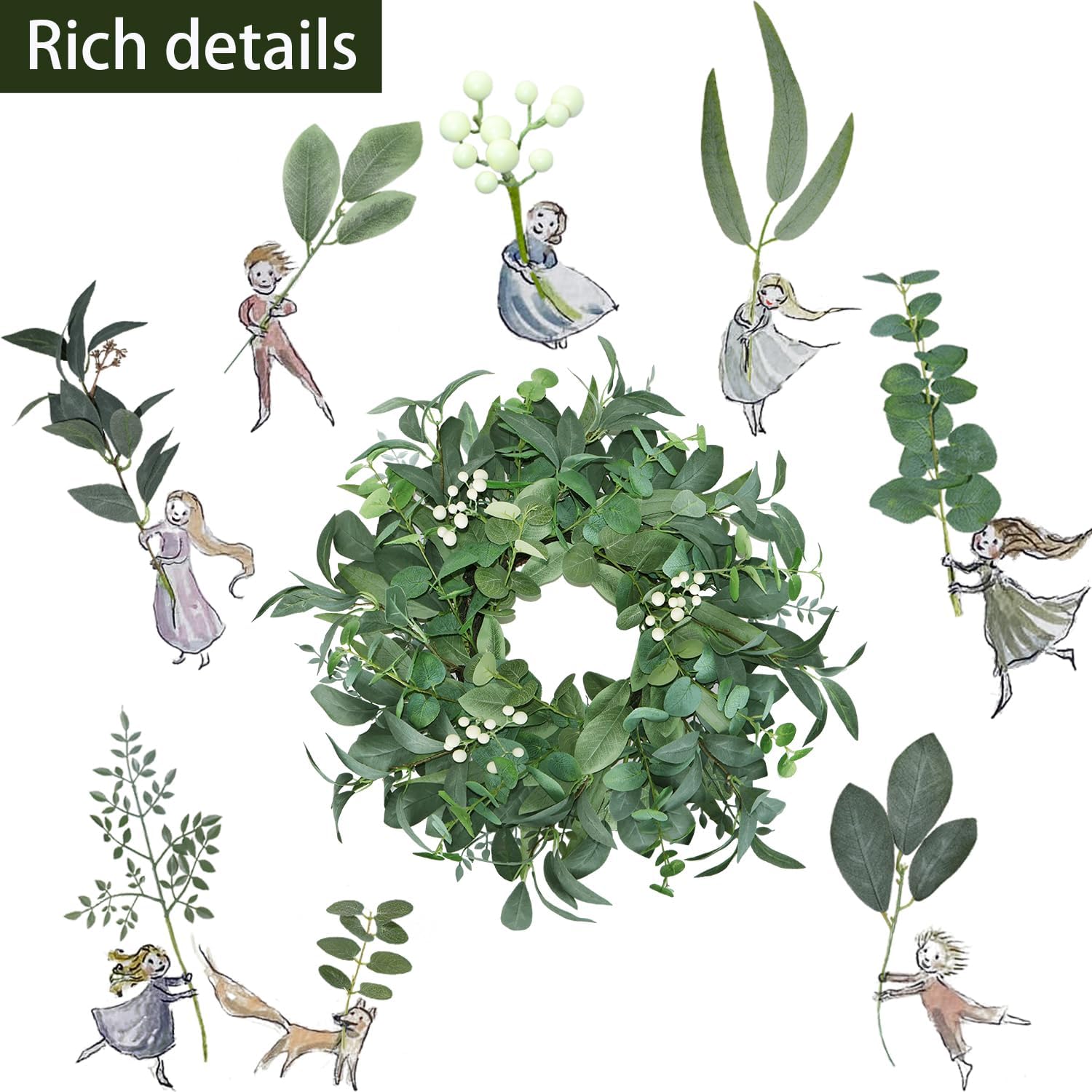 20"-22“ Green Eucalyptus Wreaths for Front Door with White Berries – Lifelike Spring, Summer, and Winter Wreath for Farmhouse Front Porch, Window, Door Decor - Image 2