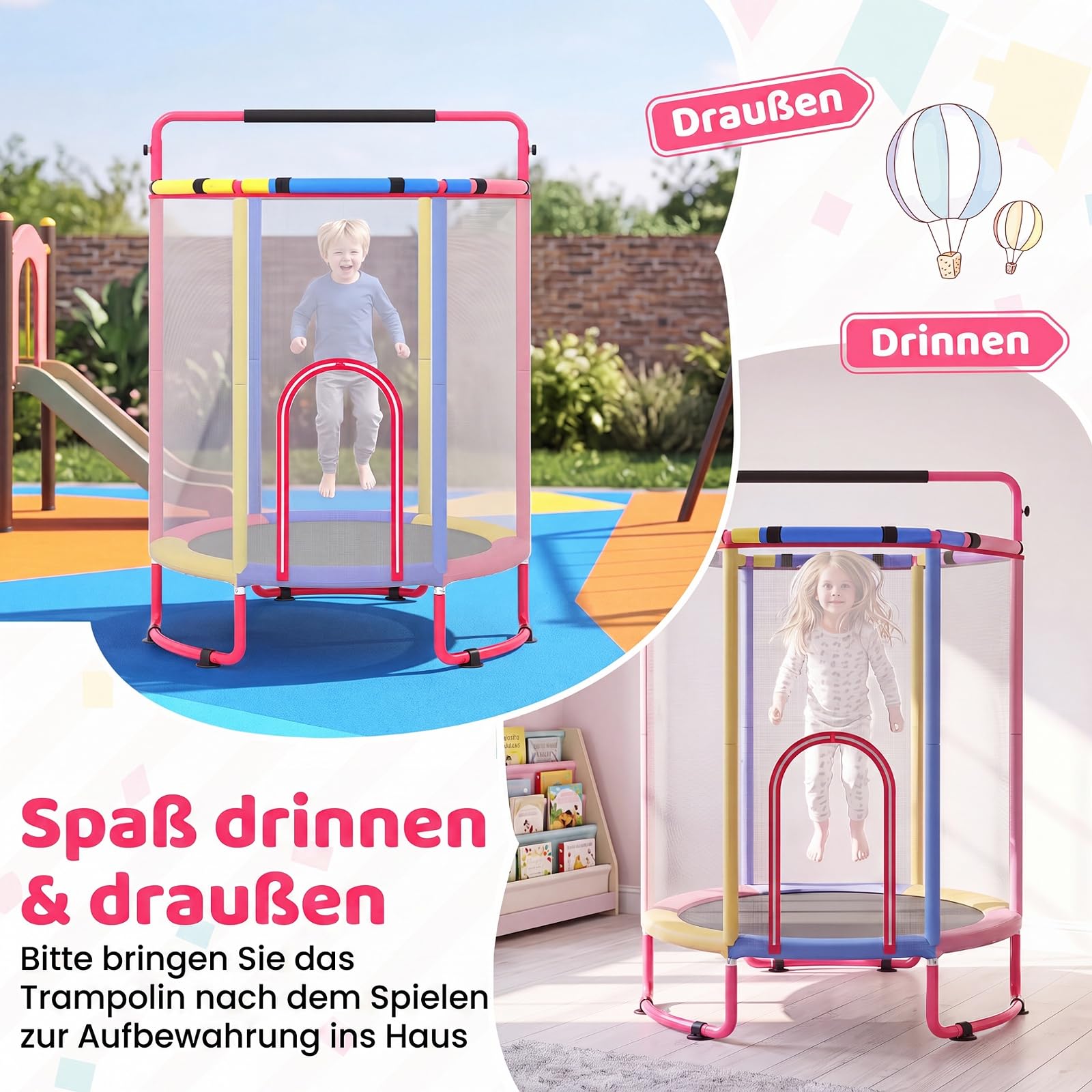 COSTWAY 6 in 1 Kindertrampolin mit Sicherheitsnetz | Trampolin Kinder mit Schaukel, Basketballkorb, Turnstange, Dartscheibe & Barren, Gartentrampolin für Indoor & Outdoor