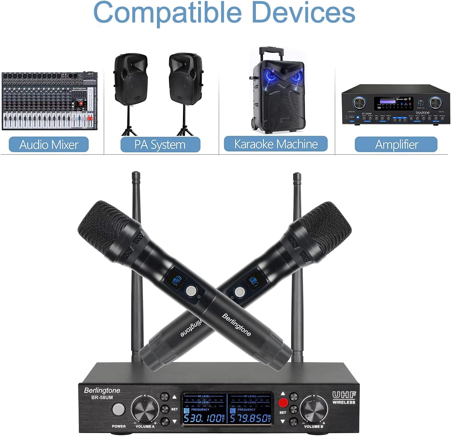 -Berlingtone Wireless Microphone System, 2 Handheld Dynamic Microphones,120- Adjustable Frequency Channel, Metal case & mic, for Karaoke, Meeting, Party, Church, DJ, Wedding, up 260ft Range (BR-58UM)