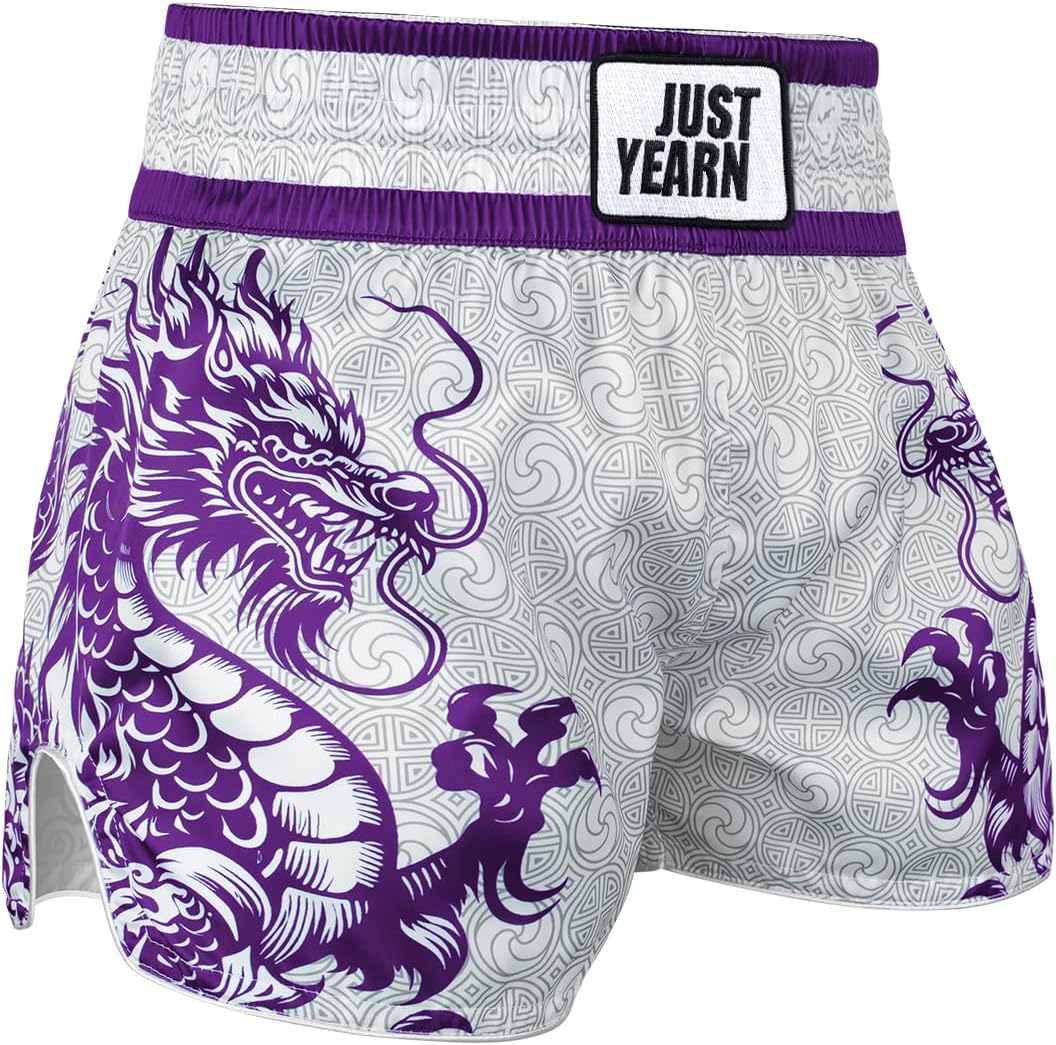 JUST YEARN Muay Thai Boxing Shorts, Traditional MMA Kickboxing Workout Trunks for Men and Women, High Mobility Training Gear