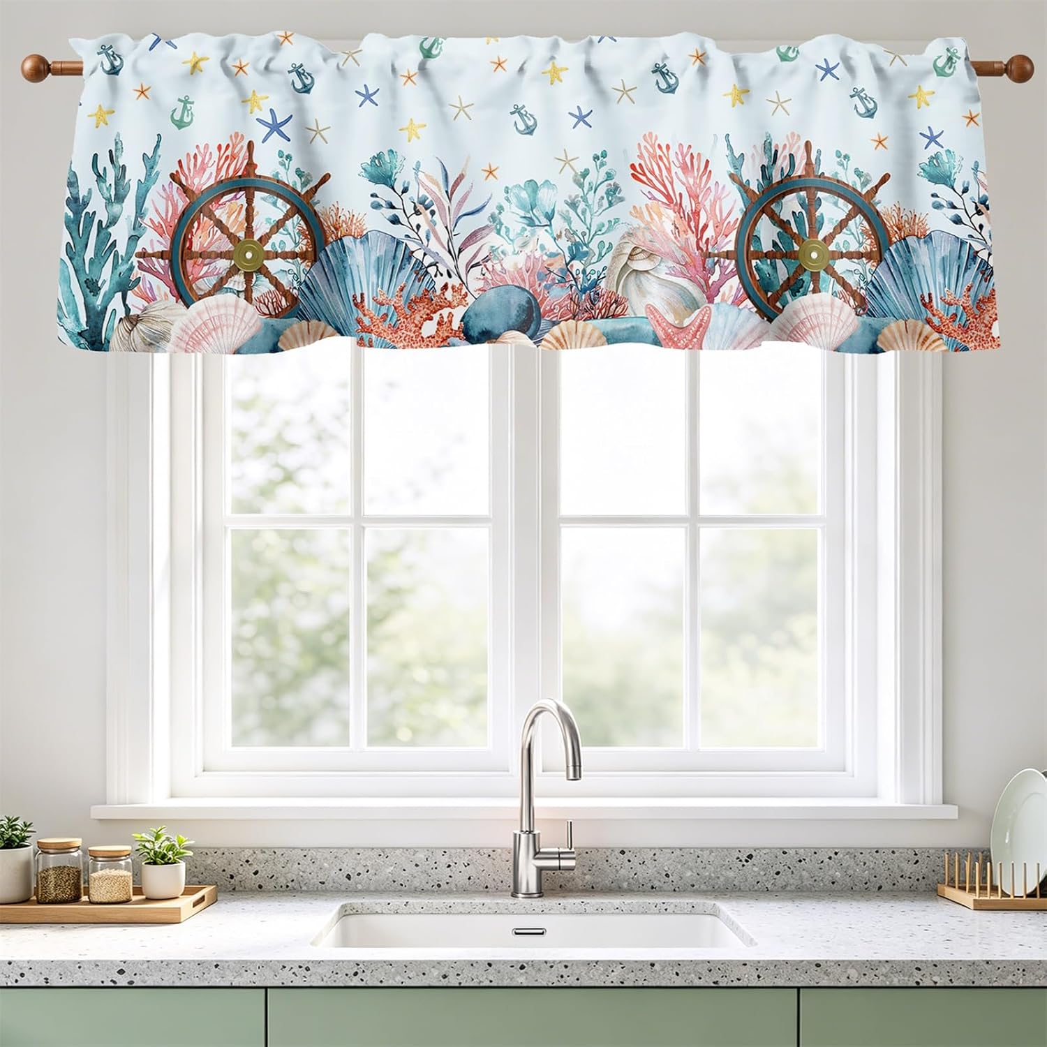 Renaiss 52 x 18 Inch Blue Beach Window Curtain Valance for Kitchen Valance Summer Undersea Coral Shells Ocean Nautical Coastal Rod Pocket Window Treatments Bathroom Valance for Living Room Bedroom