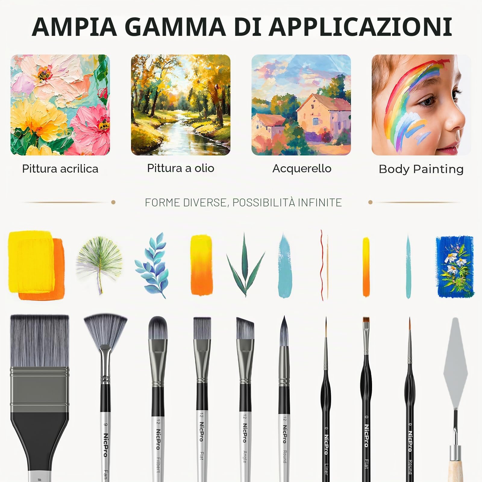Nicpro 36 pezzi pennelli per dipingere, pennelli professionali con spatola e rotolo di stoffa, adatto per artisti e principianti per pittura acrilica, olio, acquerello, gouache