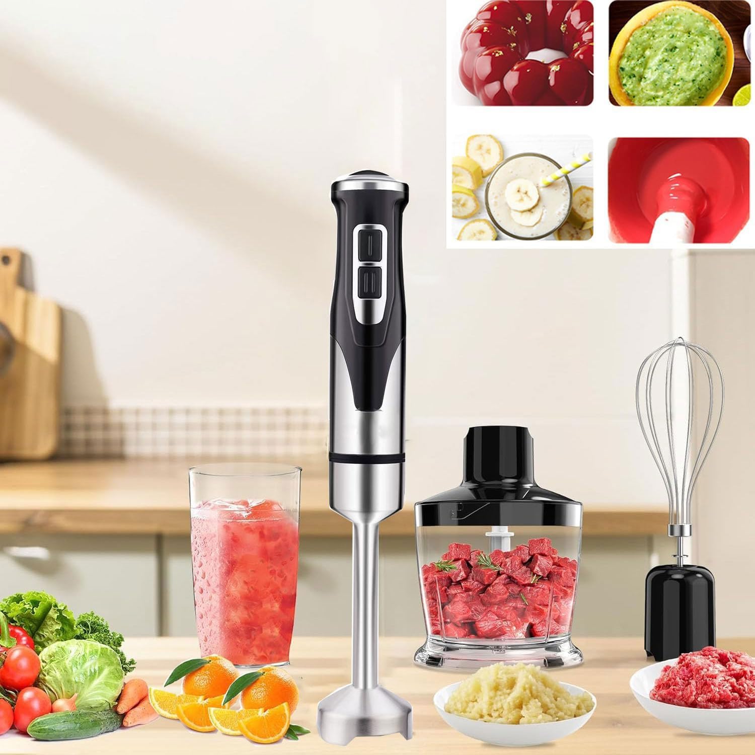 Frullatore a immersione elettrico 5 in 1 con tritatutto, frusta, misurino da 600 ml e montalatte per zuppe, alimenti per bambini, frullati