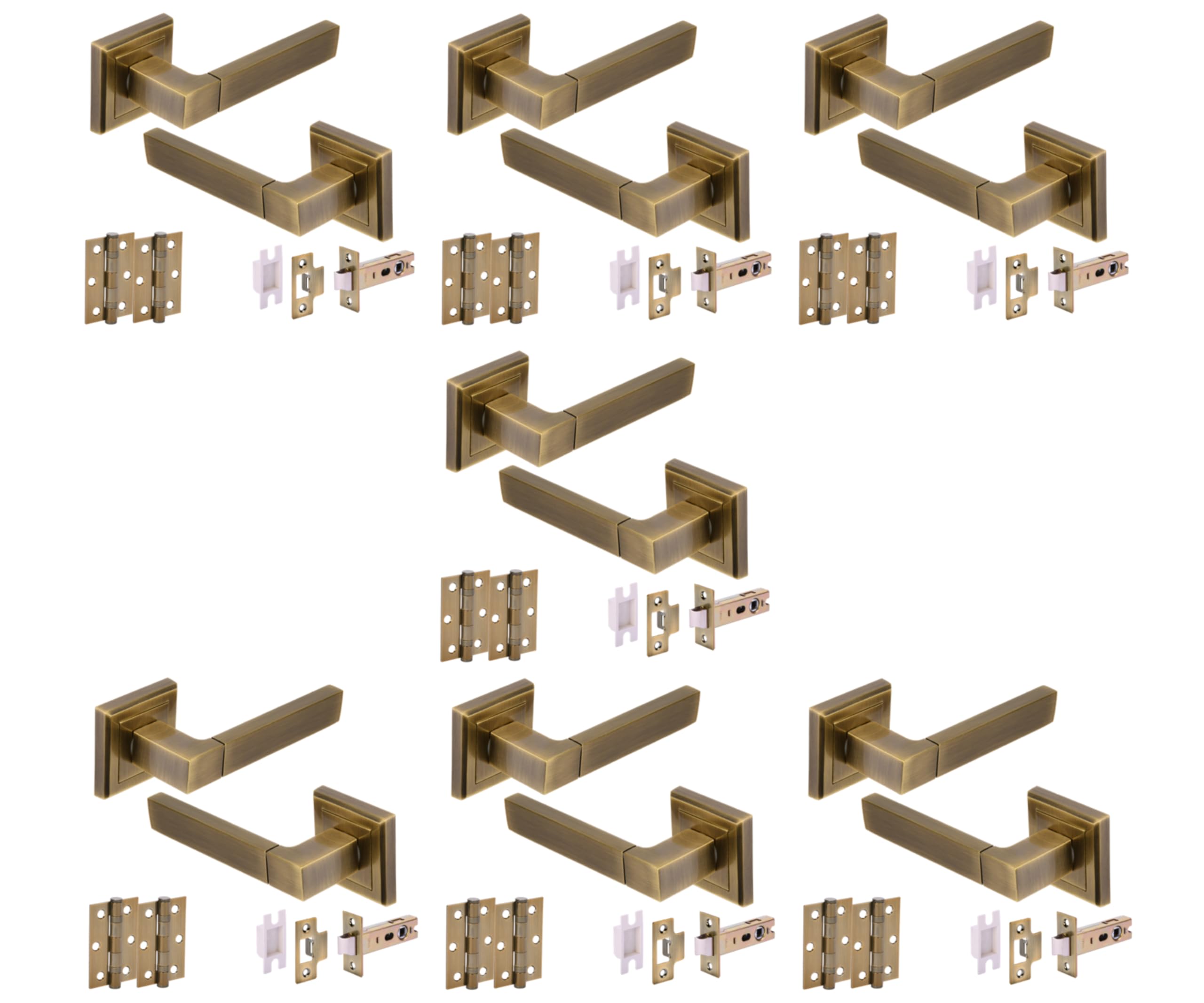 Hunta HANDLEZONE® Reno Internal Door Handle Packs, Square Lever Door Handles on Square Rose, 76mm Latch (57mm Backset), 75mm Ball Bearing Hinges, 7 Sets - Antique Bronze