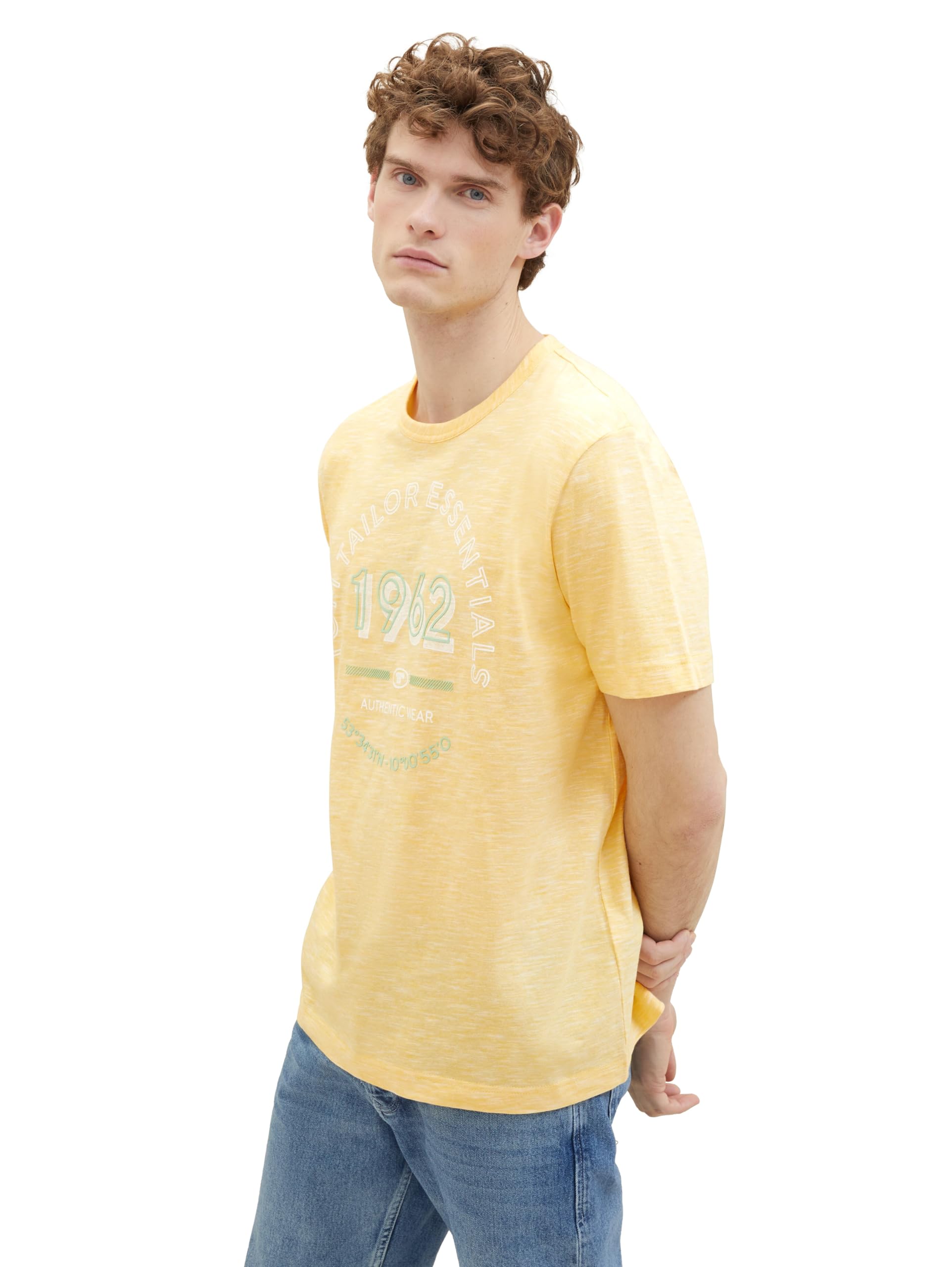 TOM TAILOR Herren Basic T-Shirt mit Logo-Print, sunny yellow finestripe, L – Ansicht 2