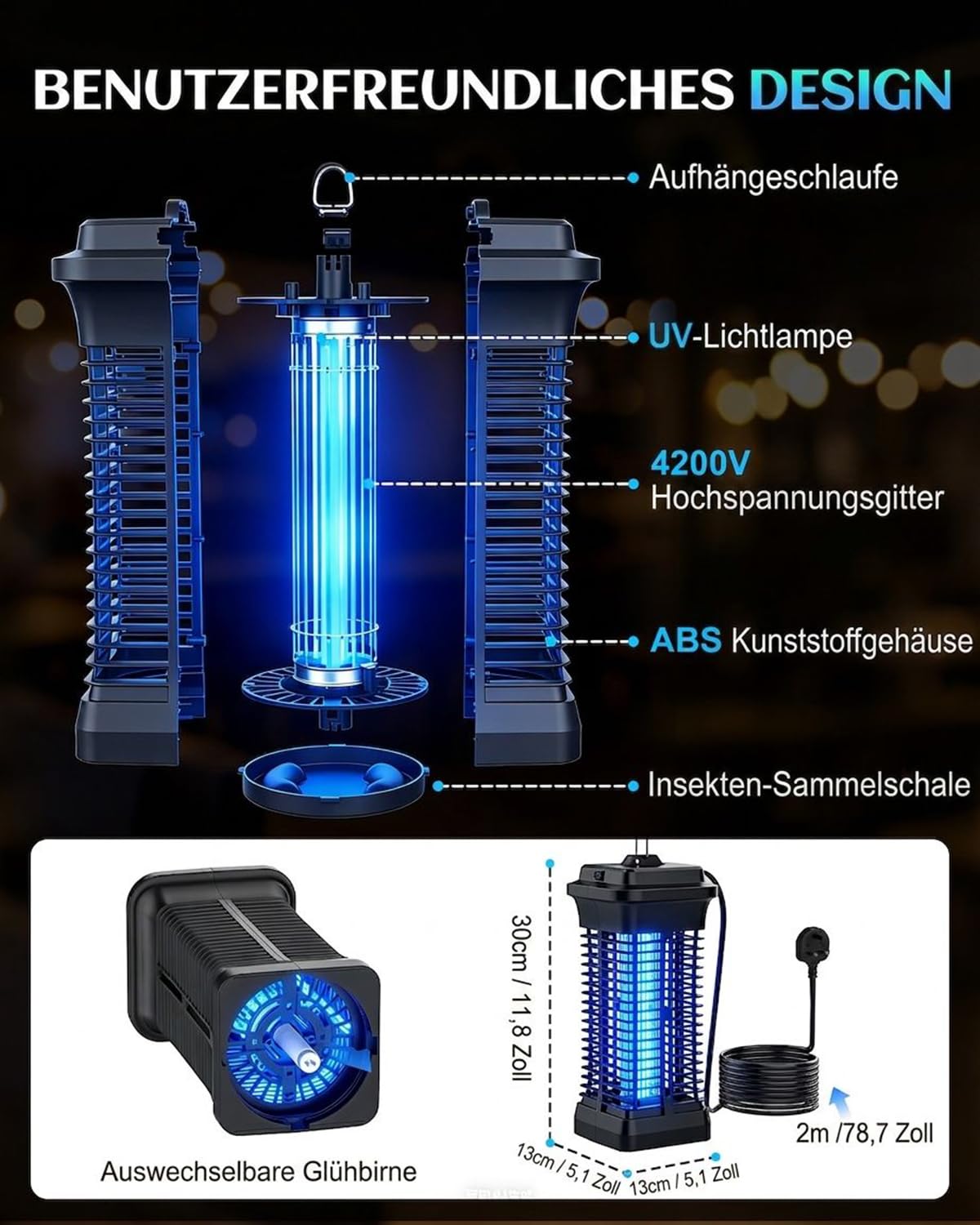 Insektenvernichter Elektrisch 4200V für Innen & Außen, UV Mückenlampe, Mückenfalle & Fliegenfänger Elektrisch, Wasserdichter Mückenkiller zum Aufhängen, Insektenfalle für Garten, Terrasse