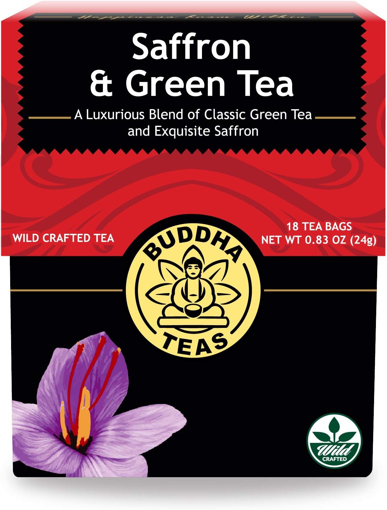 Buddha Teas - Saffron & Green Tea - For Health & Wellbeing - Wild Crafted Tea - With Antioxidants & Minerals - Clean Ingredients - Caffeinated - OU Kosher - 18 Tea Bags (Pack of 1)