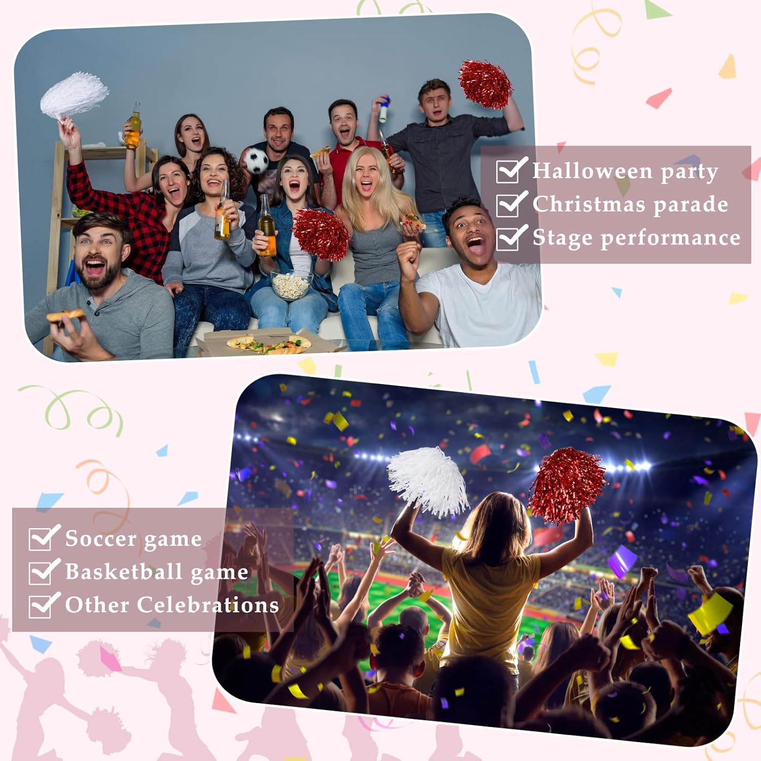 24 Pcs Cheerleading Pom Poms, Metallic Foil Handle Cheer Squad Team Spirited Fun Pom Poms for Party, Sports Dance Cheer, 30 Grams Weight Each (White, Red) : Sports & Outdoors