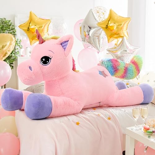 Miniatura 7 de Tezituor Juguetes de unicornio gigante de 32 pulgadas, lindos animales de peluche de unicornio rosa arcoíris, decoraciones de cumpleaños de