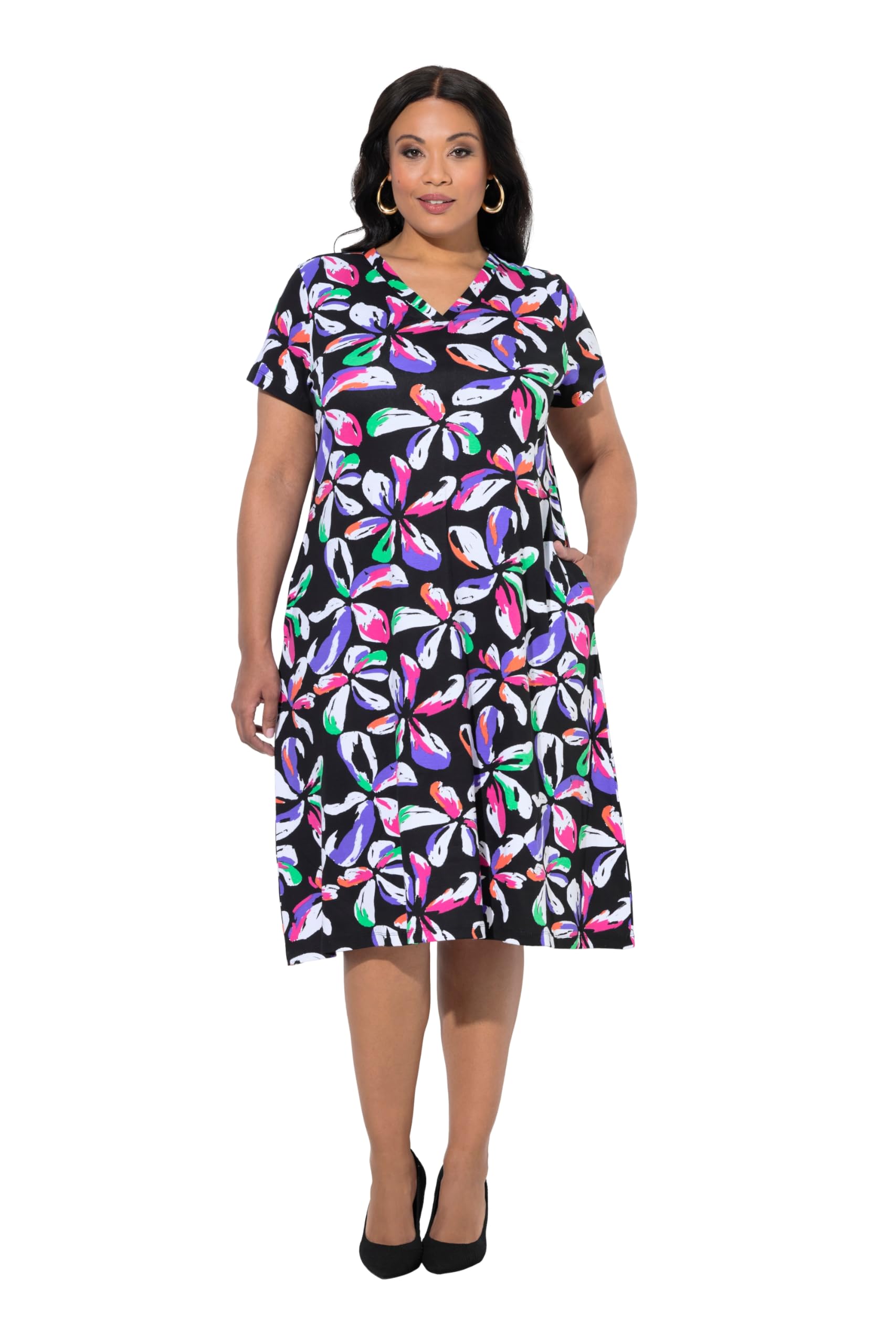 Ulla Popken Damen große Größen Übergrößen Plus Size Midikleid, Blüten, A-Linie, V-Ausschnitt, Halbarm, Taschen 849432