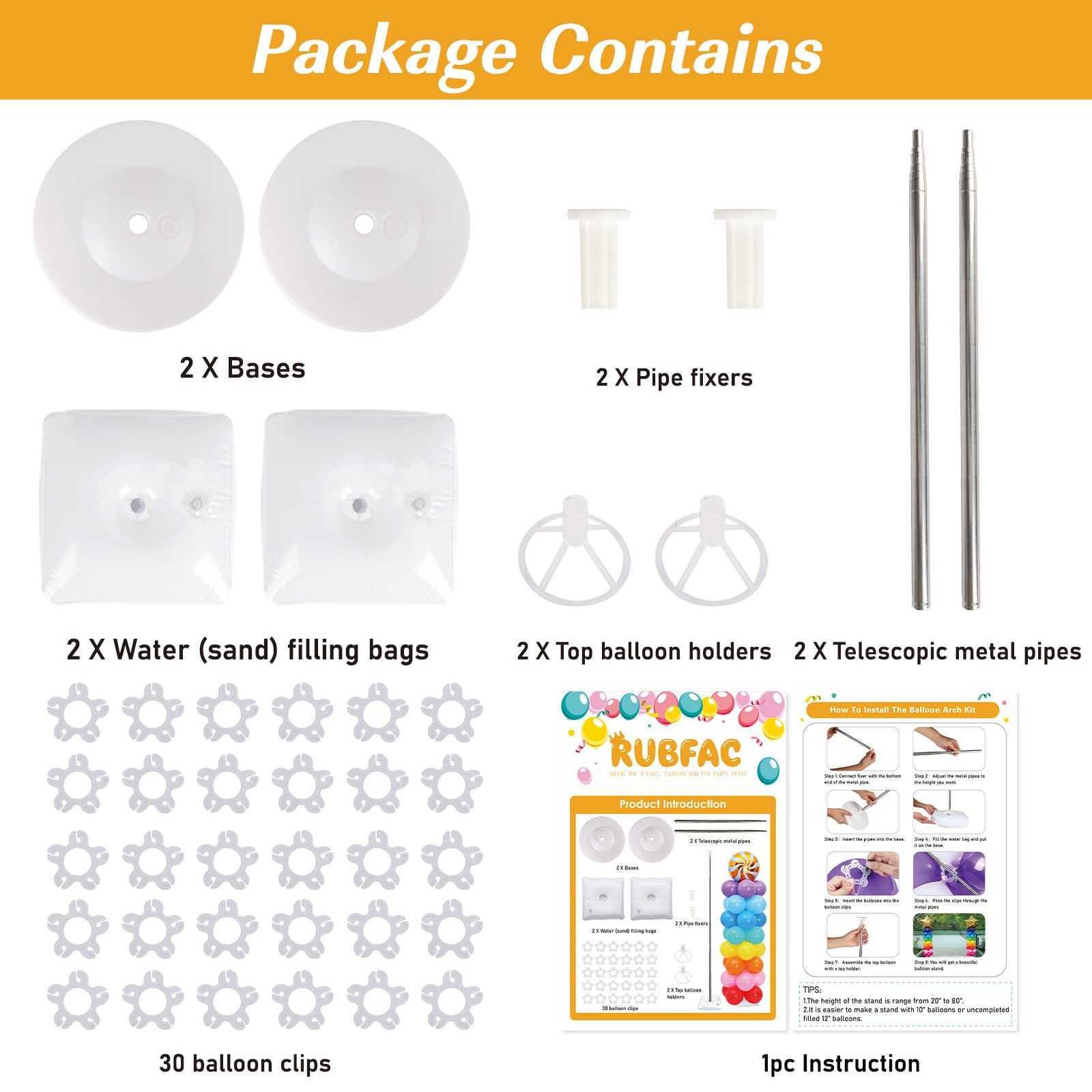 RUBFAC Balloon Stand Kit, 2 Sets of 6.6ft Adjustable Height Balloon Column Kit for Floor with Metal Telescopic Pillar for Baby Shower Birthday Party Graduation Wedding Christmas Decorations