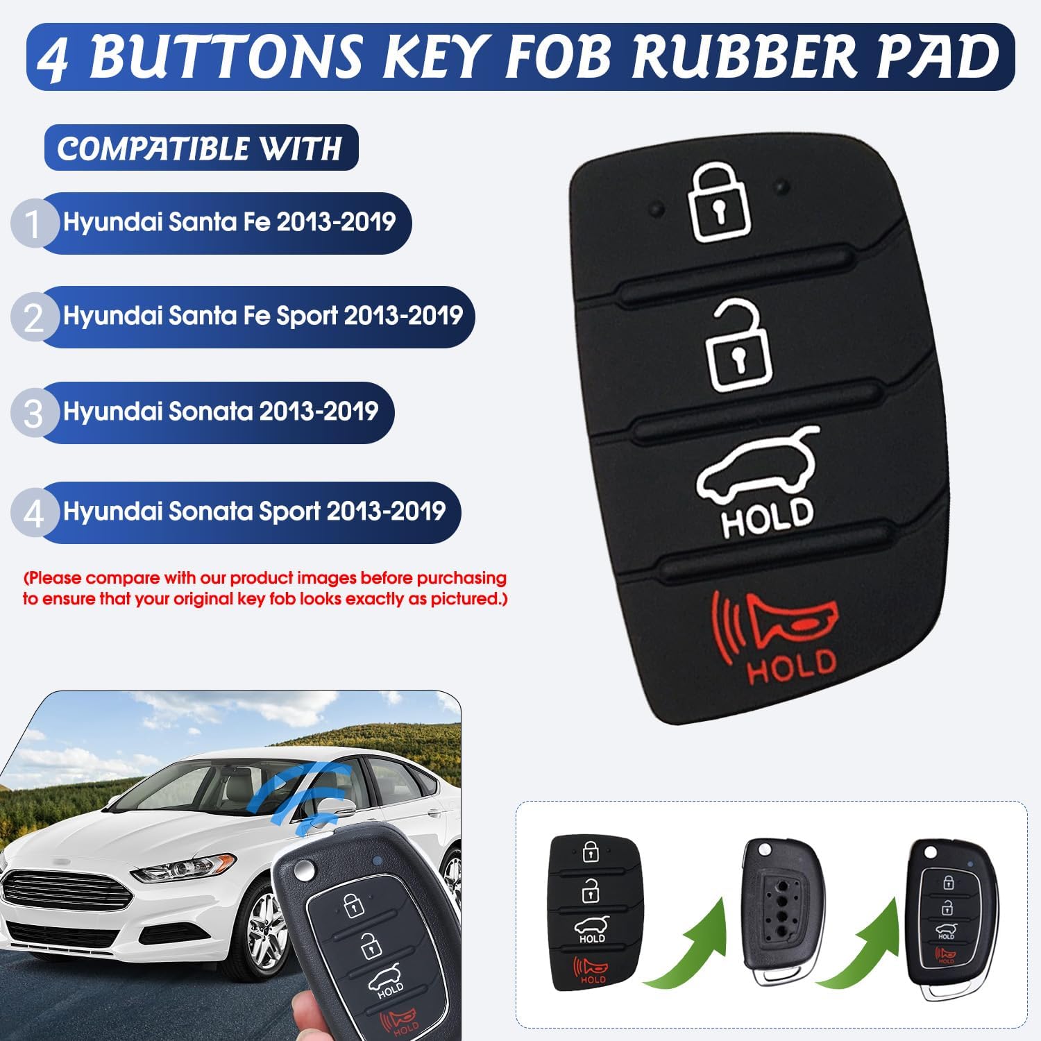 3 Pack Key Fob Button Pad Replacement Fits for Hyundai Santa Fe Sonata Sport 2019 2018 2017 2016 2015 2014 2013 Keyless Entry Remote Control Car Key Shell Insert Keypad 4 Button Rubber Pad Outer Cover