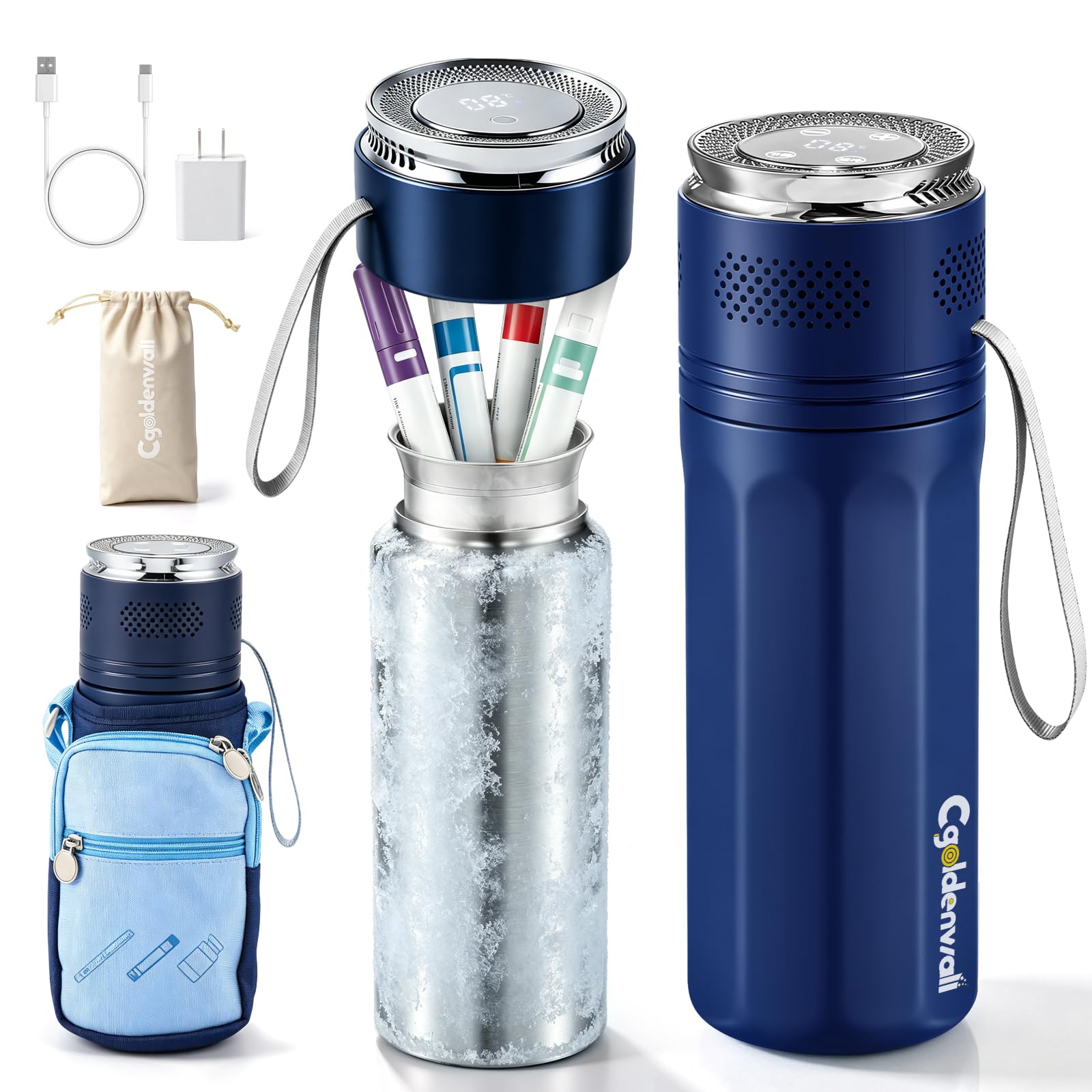 CGOLDENWALL Elettrico Insulina Cooler Box Indicatore di temperatura, 2-20°C USB Raffreddamento, Frigorifero portatile per viaggi (blu)