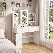 JUMMICO Dressing Table with Mirror and Lighting, 3-Colour LED Lighting, 2 Drawers, Side Storage Cabinet, White, 135 x 90 x 40 cm