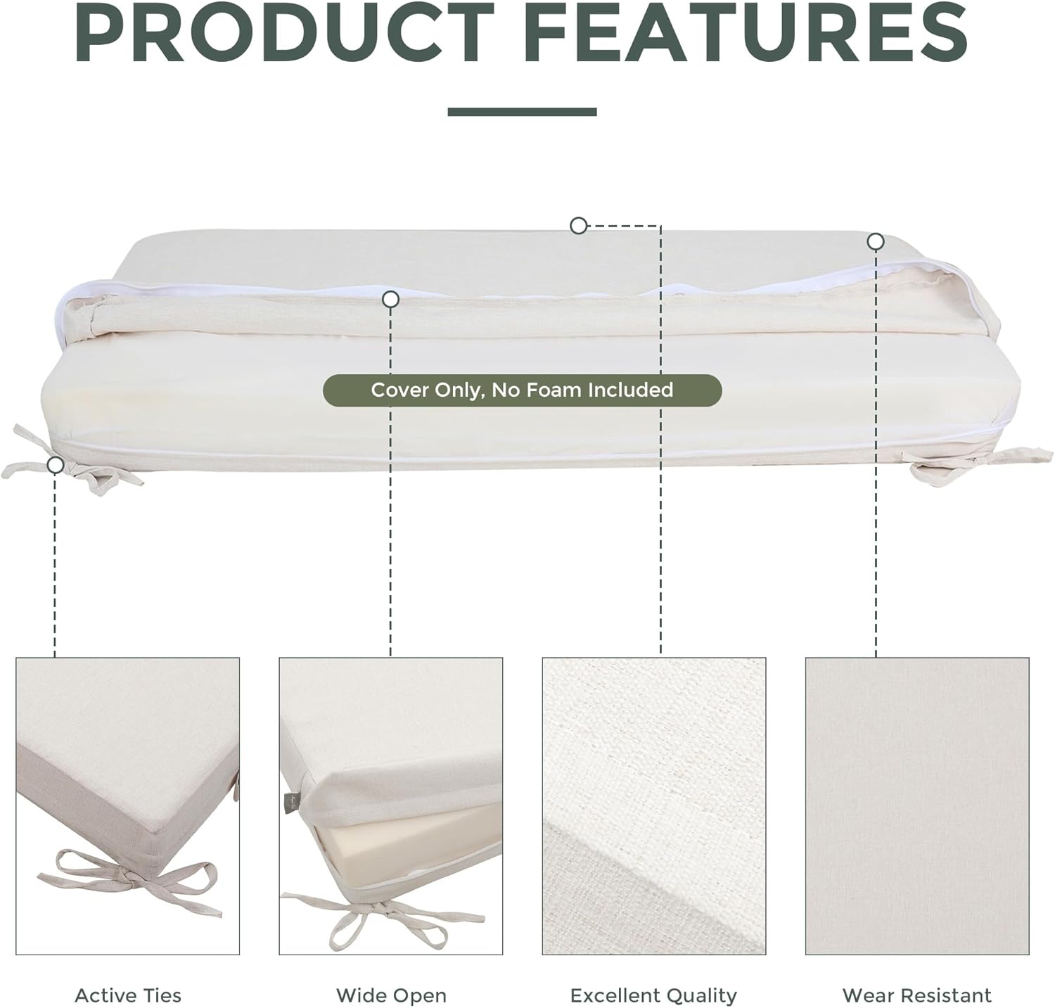 Magpie Fabrics Patio Bench Loveseat Cushion Covers (Replacement Cover only, No Insert!), Waterproof Fade Resistant Swing Cushion Slipcover with Ties(48x18x3 Inch, Creamy White)