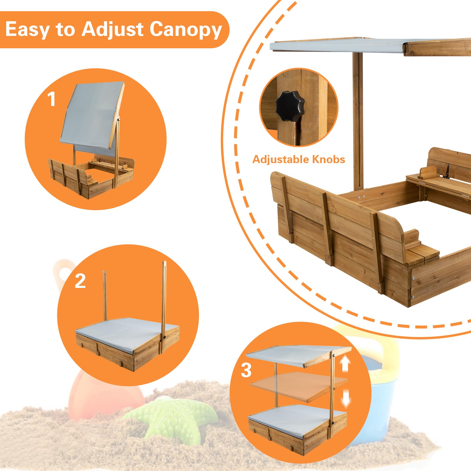 Ketive Sandbox with Cover, Wooden Sandbox with Canopy Rotatable Canopy, Adjustable Height, and UV-Resistant, 47 x 47 inch Sand Boxes for Kids Outdoor with Lid