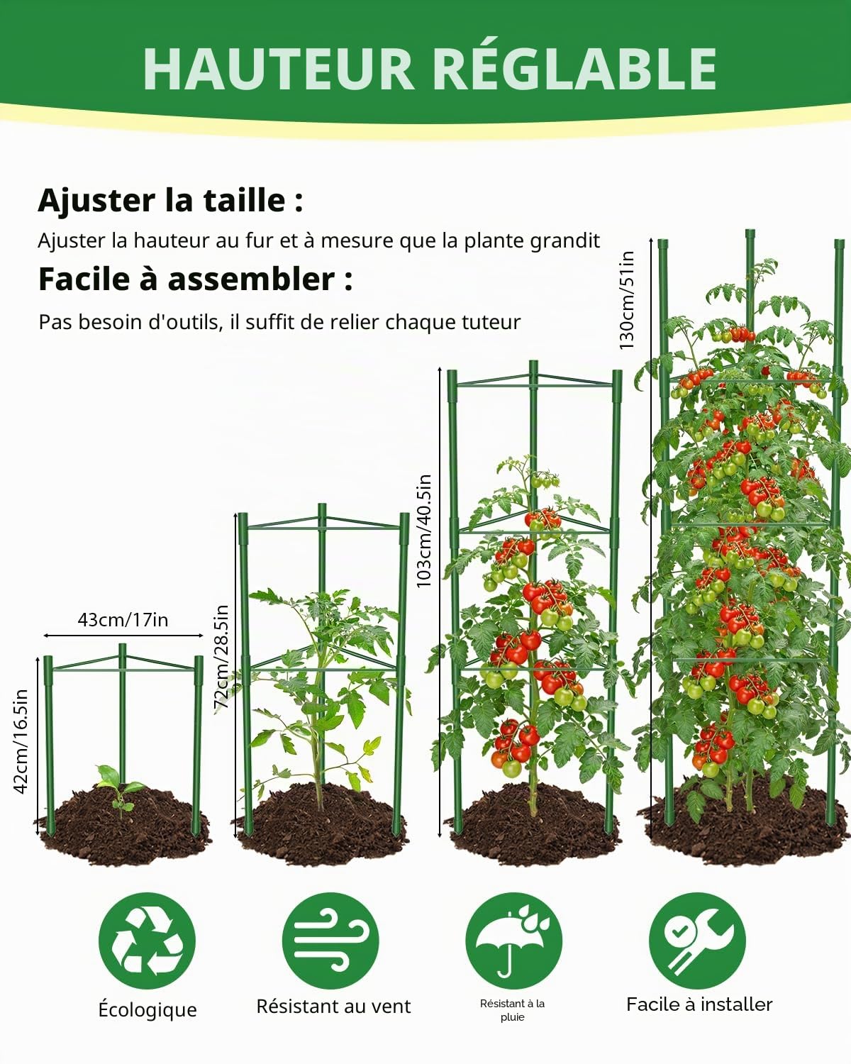MYMULIKE Lot de 3 Cages à tomates surdimensionnées pour Jardin, Treillis à tomates pour Parterre surélevé, jusqu'à 40 x 130 cm, Support de Plantes de tomates pour Jardin surélevé et légumes grimpants
