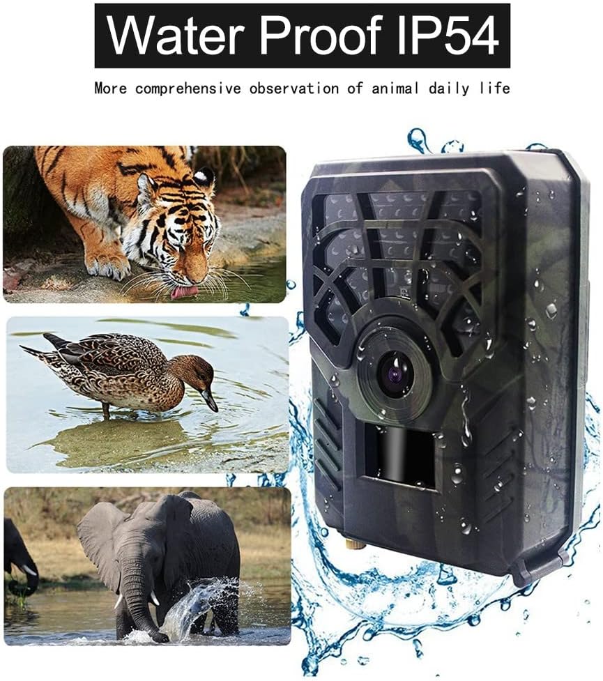 DONGKER Trail Camera with water droplets, demonstrating its IP54 waterproof rating, alongside images of animals in natural habitats.