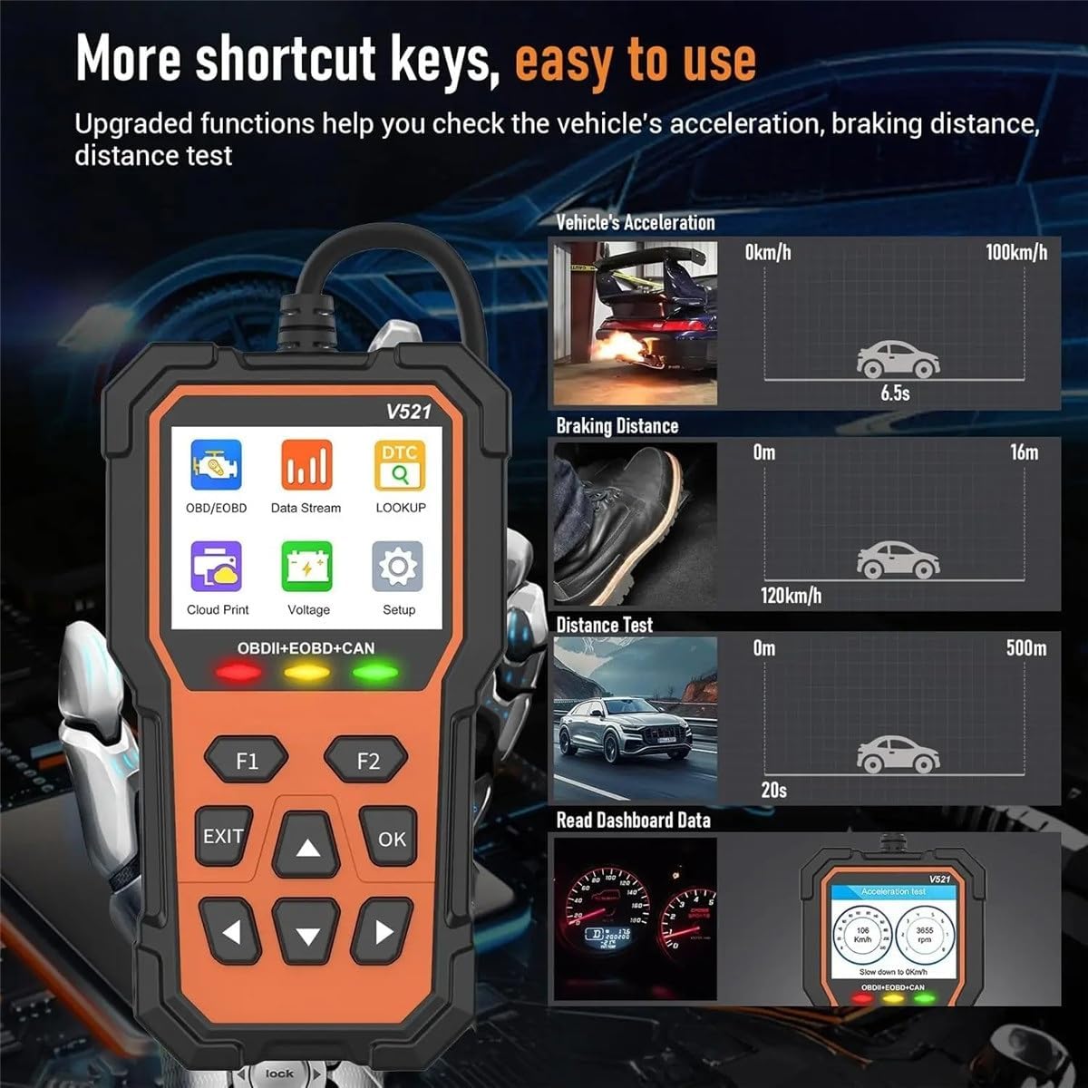 XAUCY V521 OBD2 Diagnostic Scanner showing shortcut keys and performance tests