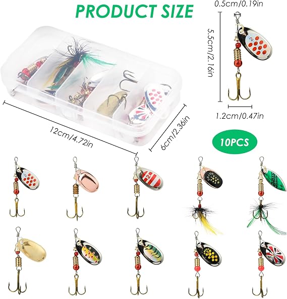 10Pcs Fishing Lures Set, Spinner Bait Set, Multi-Coloured Metal Fishing Lures with Rotating Spinners and Treble Hooks, Fish Lure Kit for Trout Pike Bass Salmon Freshwater and Saltwater Use