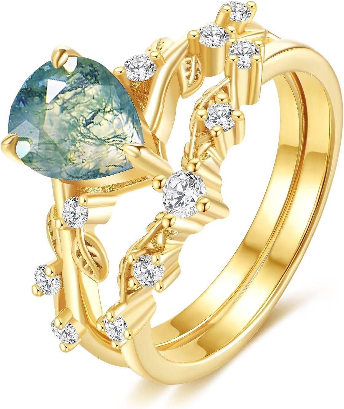 Moss Agate Engagement Rings Bridal set for Women 925 Sterling silver plating 18K White Gold 2 CT Pear cut Moss Agate Wedding Ring for Women Leaf-embellished moissanite ring for(Size 3-13)