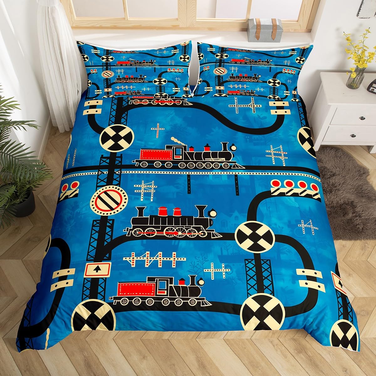 Housse de couette 135x200 train de dessin animé et panneau routier