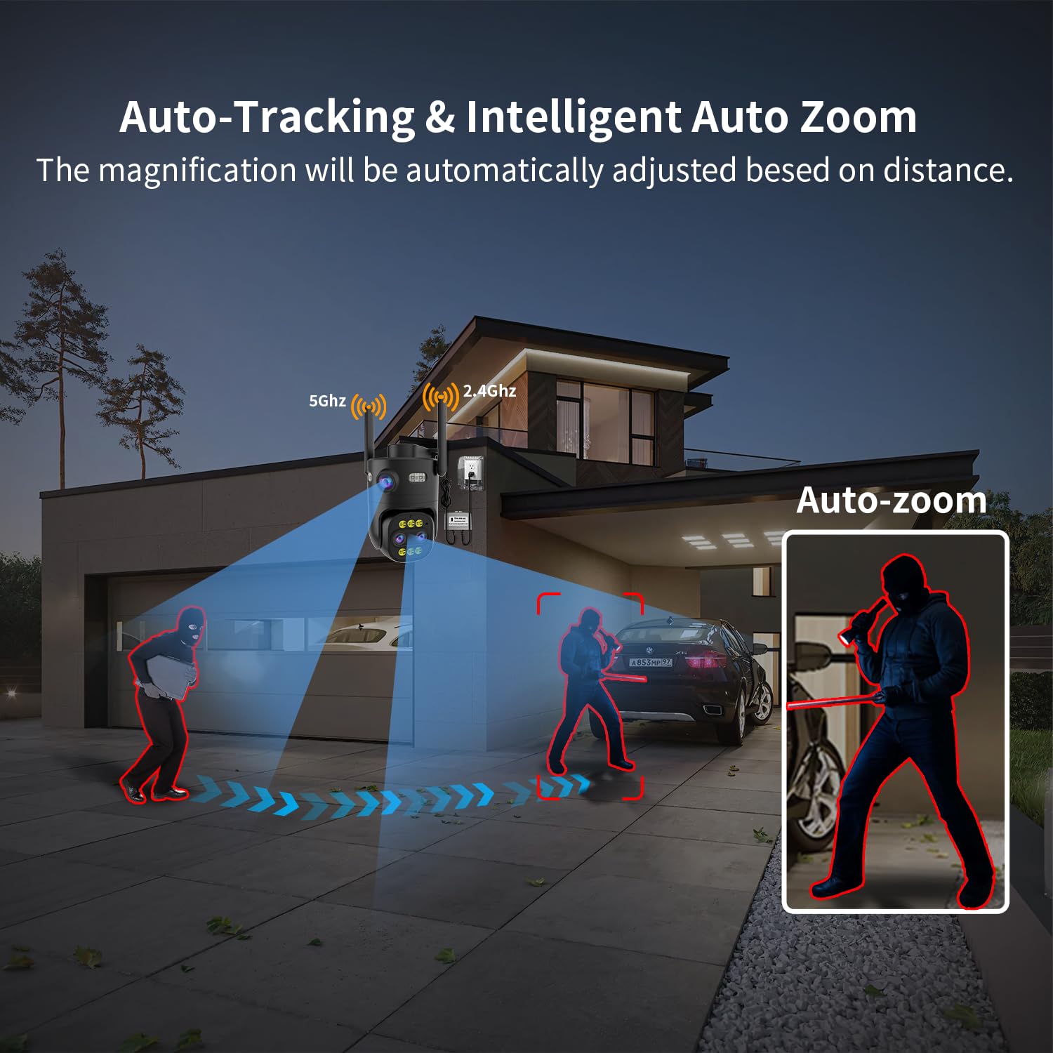 Telecamera di sicurezza esterna a tre lenti WiFi 2.4G/5G, telecamera di registrazione continua 24/7 per la sicurezza domestica, alimentazione plug-in, piastrelle PAN zoom 10x, tracciamento